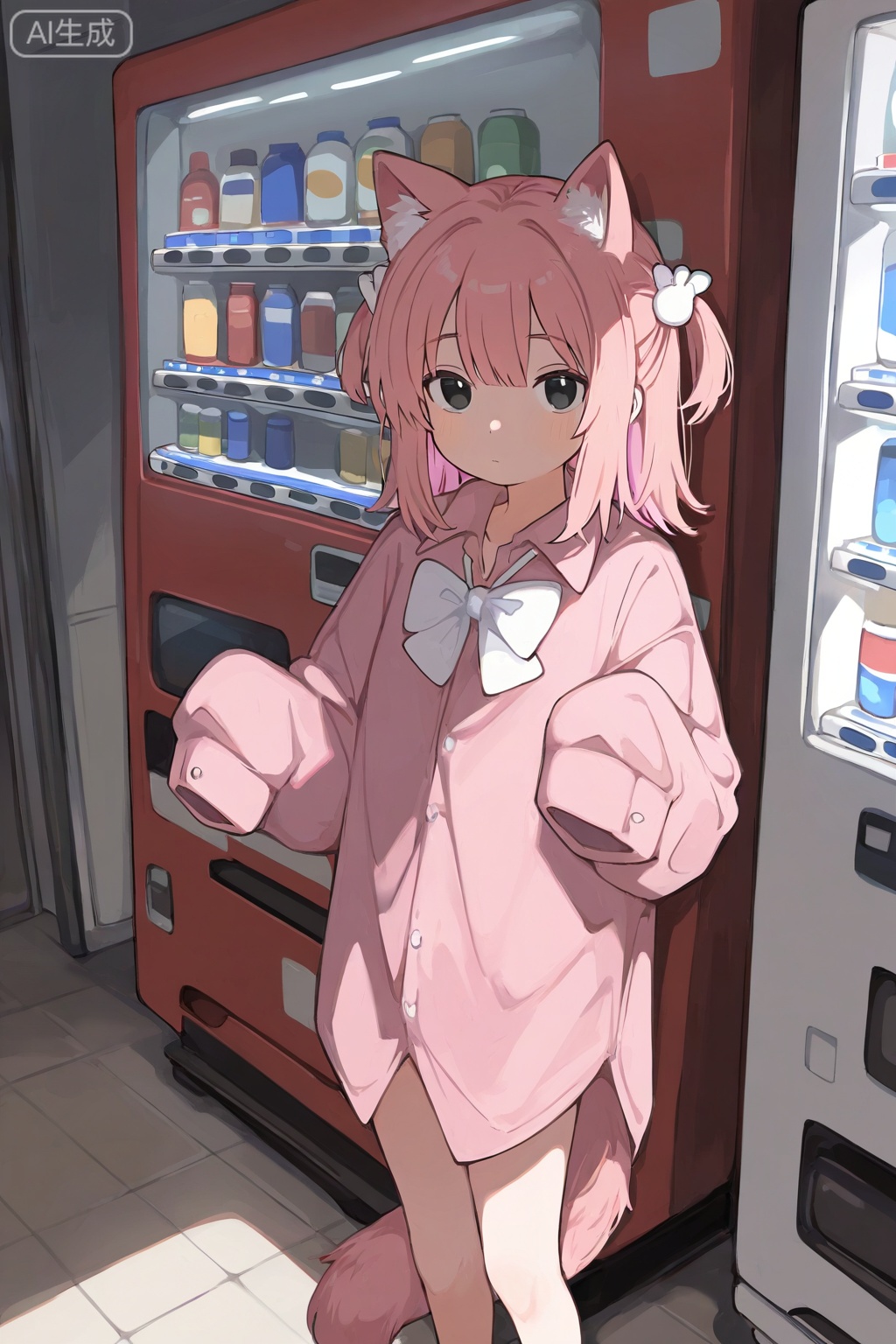masterpiece, best quality, doremifaso64, 1girl, solo, looking at viewer, shirt, long sleeves, bow, animal ears, standing, tail, pink hair, indoors, bowtie, black eyes, sleeves past wrists, feet out of frame, white bow, sleeves past fingers, pink shirt, oversized clothes, vending machine,sketch,masterpiece, best quality, doremifaso64, 1girl, solo, looking at viewer, shirt, long sleeves, bow, animal ears, standing, tail, pink hair, indoors, bowtie, black eyes, sleeves past wrists, feet out of frame, white bow, sleeves past fingers, pink shirt, oversized clothes, vending machine,sketch,