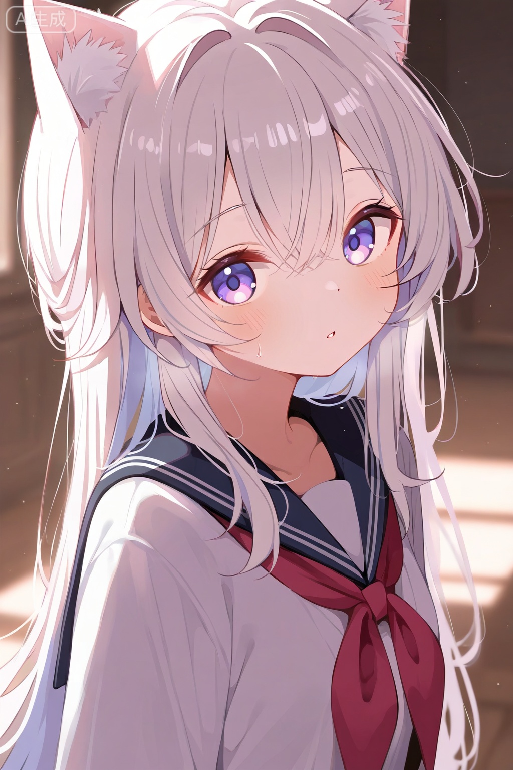 1girl,solo,catgirl,blush,shirt,black sailor collar,commentary,deyui,english commentary,from side,hair between eyes,highres,honkai: star rail,honkai (series),long hair,looking at viewer,looking to the side,neckerchief,parted lips,purple eyes,red neckerchief,sailor collar,school uniform,serafuku,upper body,very long hair,white hair,white shirt,