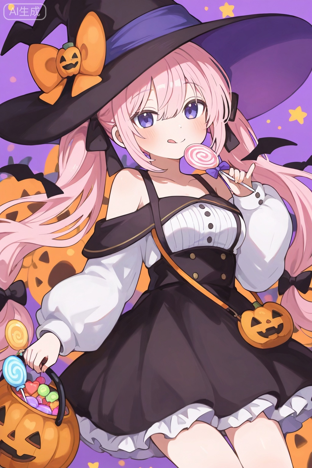 konya666,1girl,solo,long hair,breasts,looking at viewer,blush,smile,bangs,skirt,shirt,long sleeves,hat,bow,holding,hair between eyes,bare shoulders,very long hair,closed mouth,white shirt,hair bow,frills,food,tongue,puffy sleeves,tongue out,black skirt,off shoulder,star (symbol),black headwear,black bow,witch hat,holding food,frilled skirt,polka dot,hat bow,candy,puffy long sleeves,halloween,:q,purple bow,lollipop,off-shoulder shirt,jack-o'-lantern,holding candy,holding lollipop,swirl lollipop,halloween bucket,purple eyes,pink hair,low twintails,medium breasts