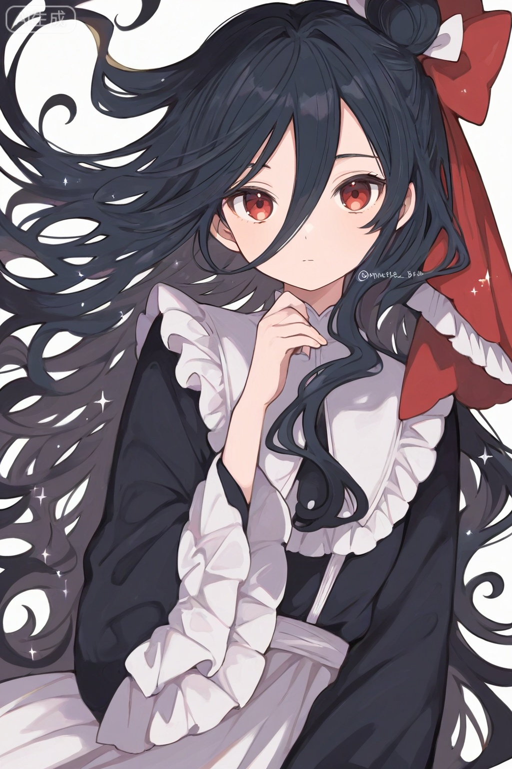 1girl,solo,long hair,looking at viewer,bangs,simple background,black hair,red eyes,long sleeves,white background,dress,bow,hair between eyes,very long hair,closed mouth,upper body,hair bow,frills,hair bun,twitter username,black dress,red bow,sparkle,wavy hair,white bow,