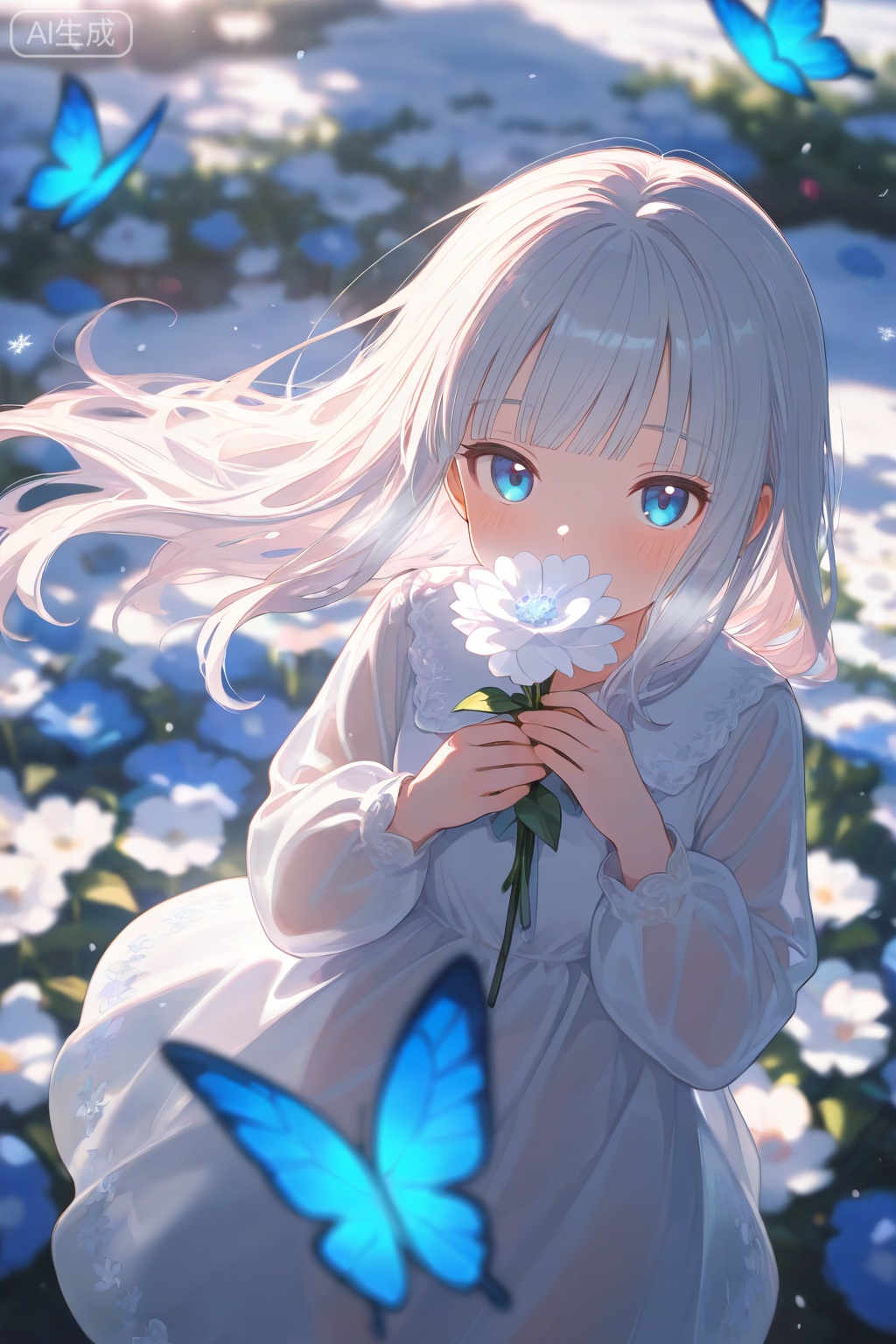 1girl,flower,solo,long hair,butterfly,looking at viewer,holding,white hair,bangs,white flower,blue eyes,upper body,see-through,outdoors,long sleeves,holding flower,blush,dress,blurry,blunt bangs,white dress,from above,bird's-eye_view,among flowers,backlight,field s of flowers,colors,Depth of field,(colorful),Glowing butterfly,covering mouth with flowers,looking to viewers through the flowers,winter,Drifting snow,dancing snowflakes,
masterpiece,best quality,high quality,loli,chromatic_aberration,official art,depth of field,detailed light,blurry background,cinematic lighting,ray tracing,amazing quality,very aesthetic,absurdres,beast quality,ultra detailed,god rays,backlighting,photo background,film grain,chromatic aberration,volumetric lighting,depth of field,blurry background,shiny skin,floating hair,cinematic lighting,day,very aesthetic,