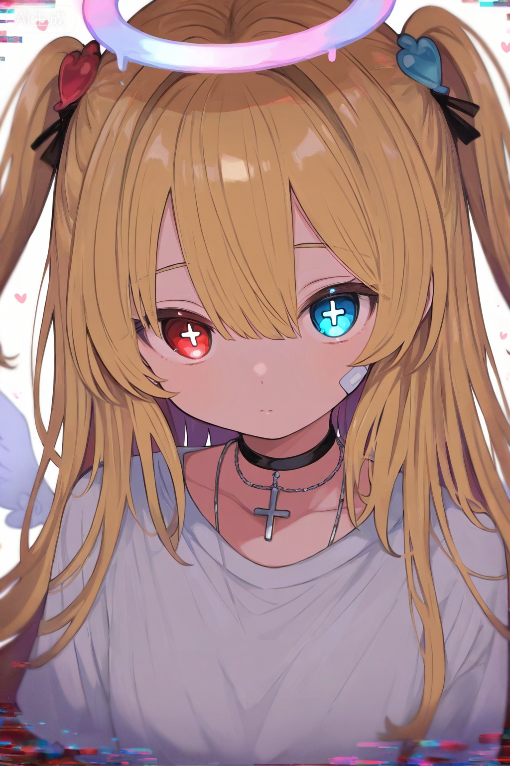 1girl,solo,long hair,looking at viewer,bangs,blue eyes,blonde hair,shirt,hair ornament,red eyes,hair between eyes,closed mouth,white shirt,upper body,heart,wings,choker,necklace,blurry,two side up,symbol-shaped pupils,heterochromia,halo,cross,bandaid,glitch,