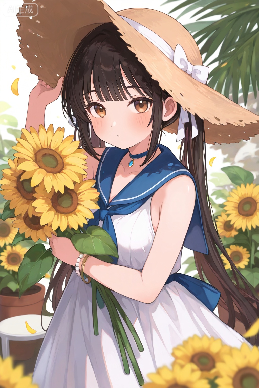 1girl, bangs, bare_shoulders, bead_bracelet, black_hair, blue_sailor_collar, blush, bracelet, breasts, brown_eyes, choker, collarbone, dress, flower, hand_on_headwear, hat, holding, holding_flower, jewelry, leaf, long_hair, looking_at_viewer, necklace, palm_tree, petals, plant, potted_plant, ribbon, sailor_collar, sailor_dress, sleeveless, sleeveless_dress, solo, straw_hat, sun_hat, sunflower, twintails, white_dress, white_ribbon, white_sailor_collar, yellow_flower
