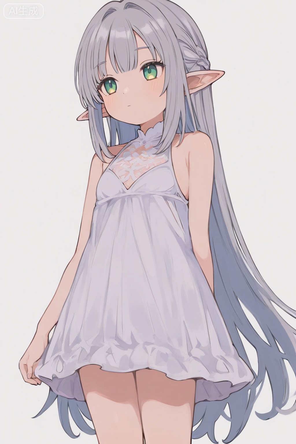1girl,solo,long hair,simple background,white background,dress,bare shoulders,closed mouth,green eyes,grey hair,cowboy shot,sleeveless,pointy ears,white dress,sketch,sleeveless dress,elf,