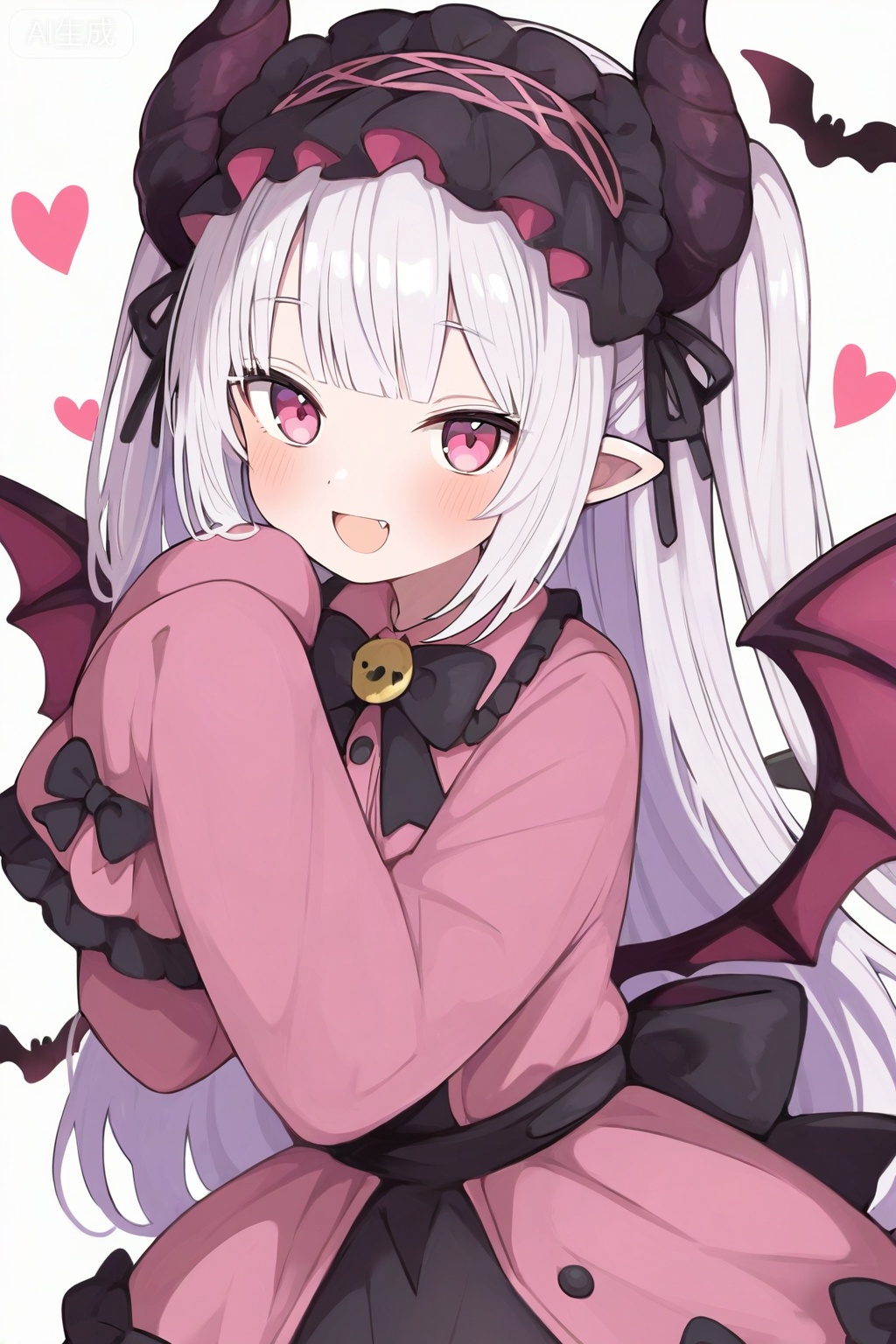 1girl,solo,long hair,looking at viewer,blush,smile,open mouth,shirt,long sleeves,white background,dress,bow,upper body,white hair,heart,frills,wings,horns,pointy ears,fang,pink eyes,sleeves past wrists,black bow,demon girl,bat wings,frilled sleeves,demon horns,pale skin,sleeves past fingers,demon wings,bat \(animal\),