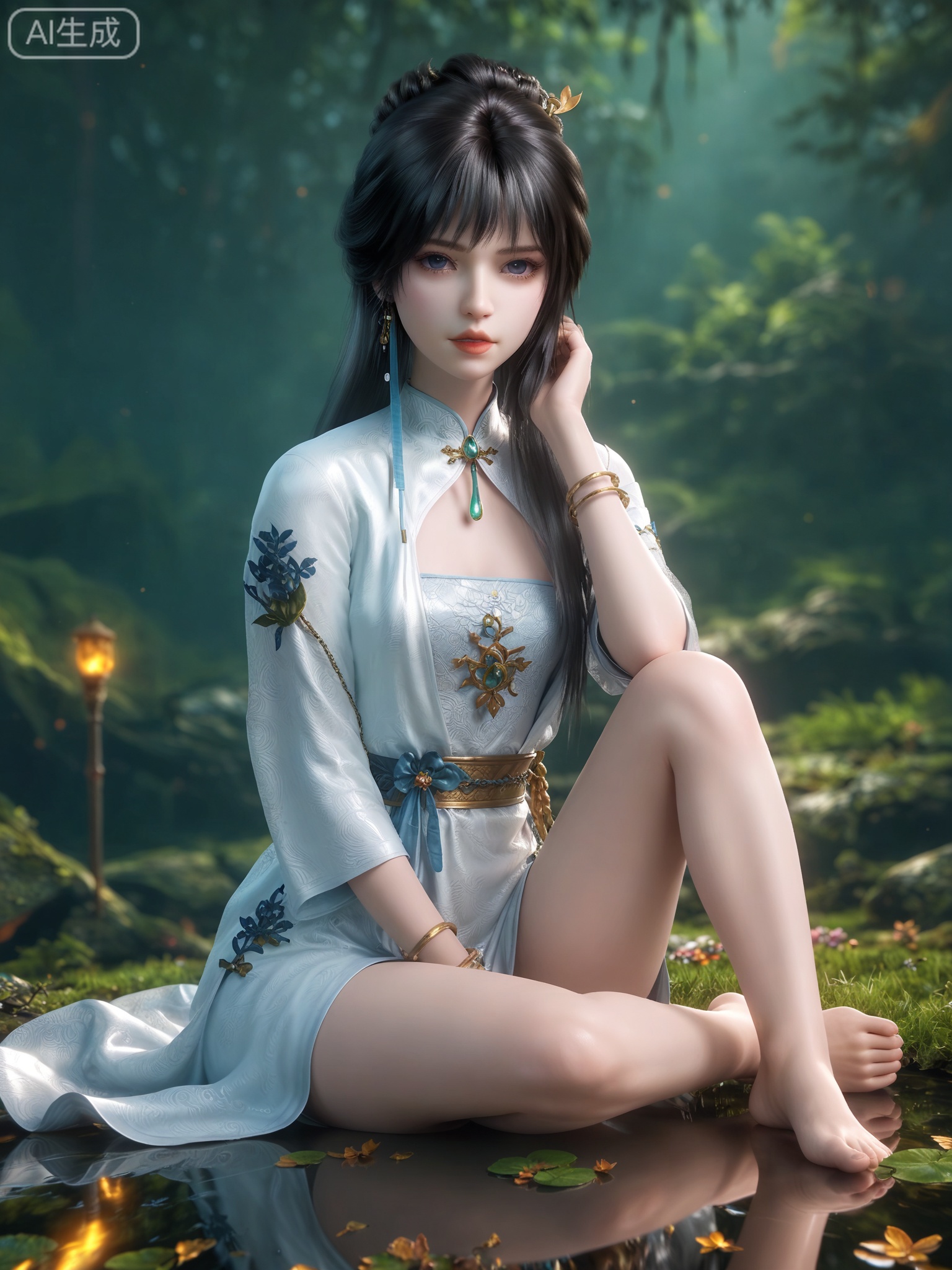 score_9,score_8_up,score_7_up,1girl,looking_at_viewer,realistic,photorealistic,1girl,Vivid Colors,bright environment,shiny skin,shiny hairjewelry,detail eyes,Eyes highlights,extreme detail description,(full body:0.8),light,glowing,sunshine,bright,reflection,bright,sunshine on face,shiny,shinny,petite,thin,leg slimming,lose weight,slim hips,lakeside,delicate water,reflection,specular reflection,sitting_down,bracelet,chinese clothes,white dress,