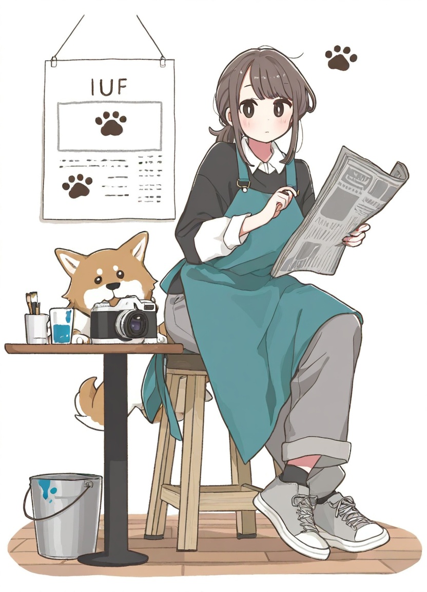 huge filesize,(((very awa))),(((very aesthetic))),((masterpiece))),(((best quality))),newest,[[4 fingers]],4toes,Cute minimalist hand-drawn illustration,clean lines,contour_deepening,pastel_color,Adorable character design,cozy atmosphere,digital art,cute,((solo:1.5)),1girl,<lora:Age-V2:2>,<lora:MoffmachiStyle-000012:1>,brown hair,sitting,shirt,white background,dog,long sleeves,chair,collared shirt,looking at viewer,overalls,simple background,grey pants,pants,solo,grey footwear,apron,bucket,paintbrush,bag,ponytail,brown eyes,sidelocks,white shirt,paw print,black shirt,camera,shoes,black eyes,table,full body,animal,paint can,book,medium hair,crossed legs,closed mouth,stool,short hair,cup,paper,long hair,blush,newspaper,bright pupils,socks,white pupils,moffmachi,