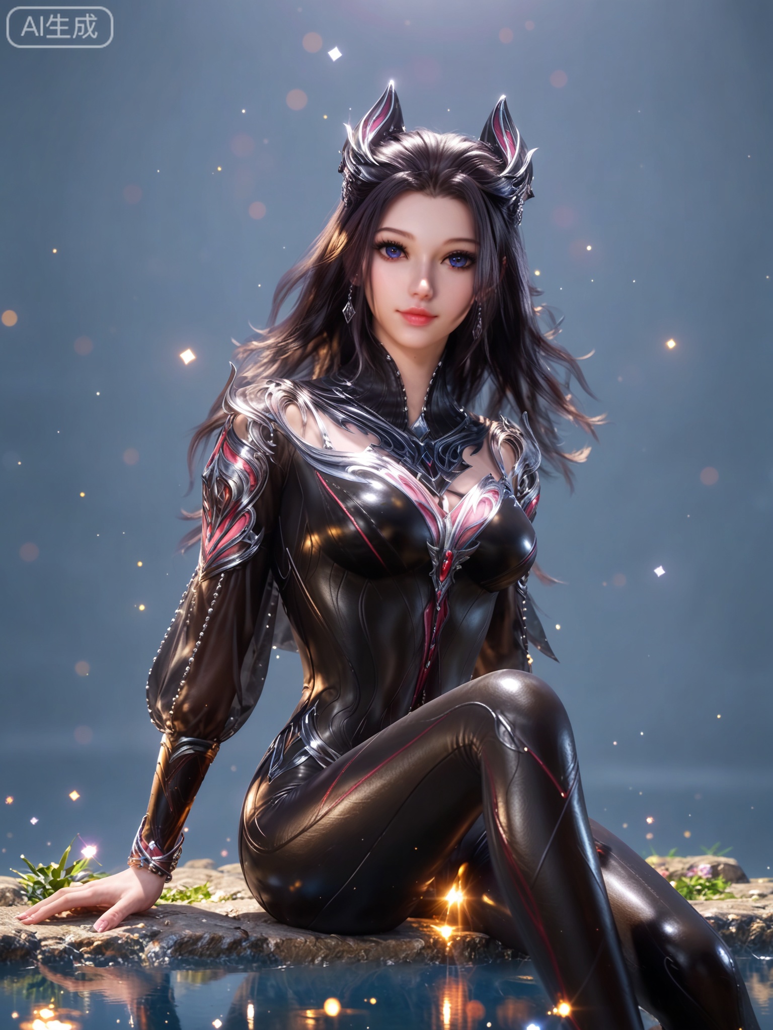 score_9,score_8_up,score_7_up,1girl,solo,looking_at_viewer,realistic,photorealistic,1girl,Vivid Colors,bright environment,shiny skin,detail eyes,Eyes highlights,extreme detail description,(full body:0.8),light,sunshine,bright,reflection,bright,sunshine on face,shiny,shinny,petite,thin,leg slimming,lose weight,slim hips,lakeside,delicate water,reflection,specular reflection,sitting_down,bracelet,black-hair,bodysuit,