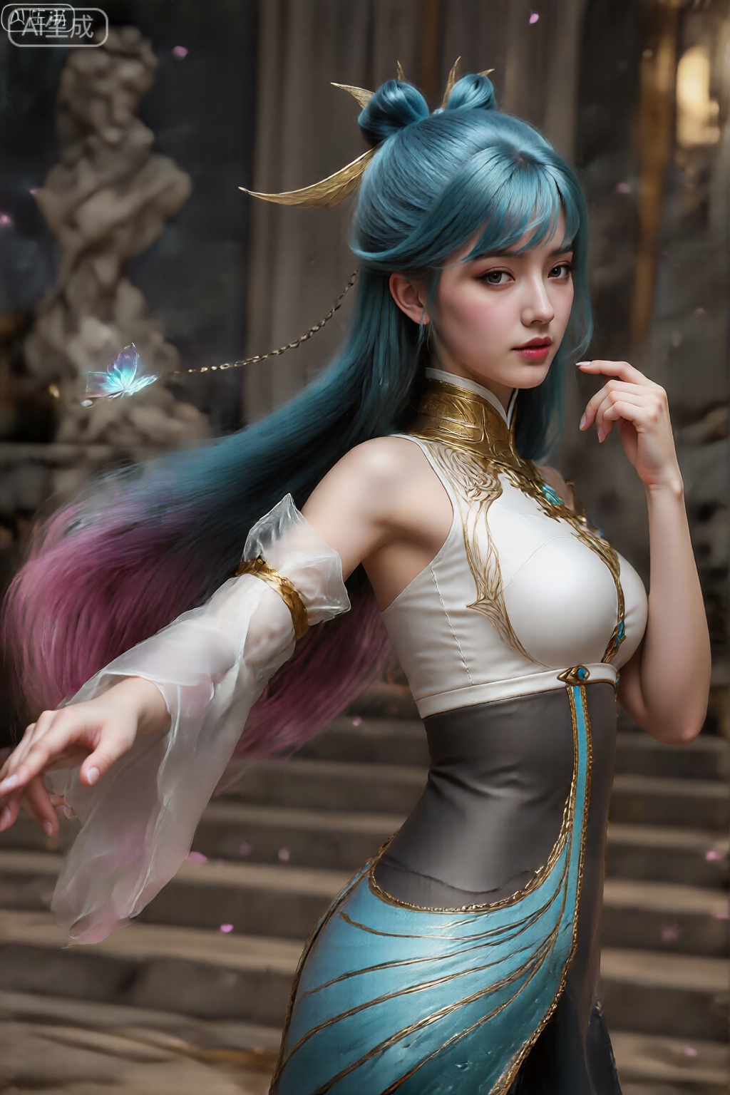 长长的头发长出,从顶部的深蓝色转变为末端充满活力的粉红色。她的头发饰有尖端,一只半透明的发光蝴蝶在她的头发附近。
图片标签该图显示了一个穿着精美服装的人,可能是角色扮演或主题活动。该人的蓝色头发长长,充满活力的蓝色头发,在高发bun中,有些链流下来。服装具有白色,无袖上衣,前部和侧面有复杂的金色细节。顶部具有高领和合适的设计。服装的下部是一条合身的蓝绿色裙子,带有金线条和闪烁的质地,使其具有未来派或幻想的外观。该人正优雅地摆姿势,一只手臂向外伸出,另一只手臂弯曲在肘部,手靠近脸。背景似乎是一个室内环境,楼梯,模糊的雕像和一些柔和的照明,暗示了装饰性或礼仪环境。空气中还有一些粉红色的花瓣状颗粒,为现场增添了异想天开的感觉。