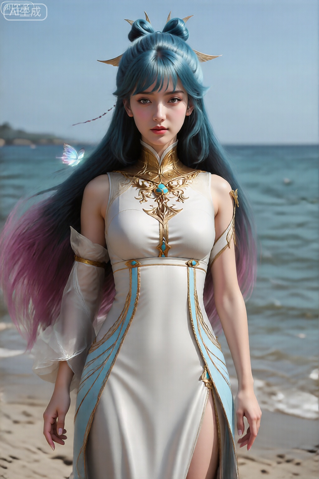 长长的头发长出,从顶部的深蓝色转变为末端充满活力的粉红色。她的头发饰有尖端,一只半透明的发光蝴蝶在她的头发附近。
该图像描绘了一个女性角色,看着镜头,全身照。她穿着一件合身的,无袖,白色的连衣裙,上面装饰着复杂的金色和绿松石装饰。这款连衣裙的高领带带有装饰性的金项圈,一个中央垂直面板,带有浅蓝色和金色的图案,一侧是高缝隙。她的外观微妙,空灵的外观,在阳光明媚的海滩上