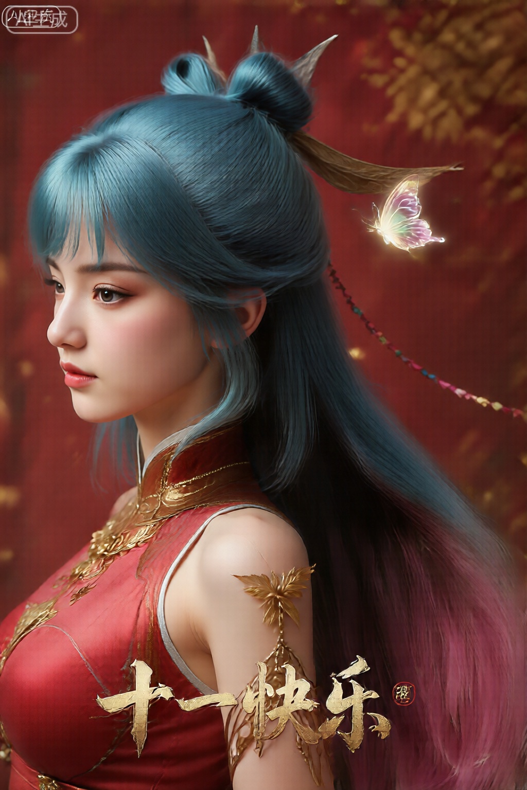 长长的头发长出,从顶部的深蓝色转变为末端充满活力的粉红色。她的头发饰有尖端,一只半透明的发光蝴蝶在她的头发附近。
在充满国风韵味的红色背景和秋天金色的,一位美女身穿红色旗袍,,,还有用富有国风特色的书法字体书写的“十一快乐”文字作为装饰,整体营造出国风主题风格,