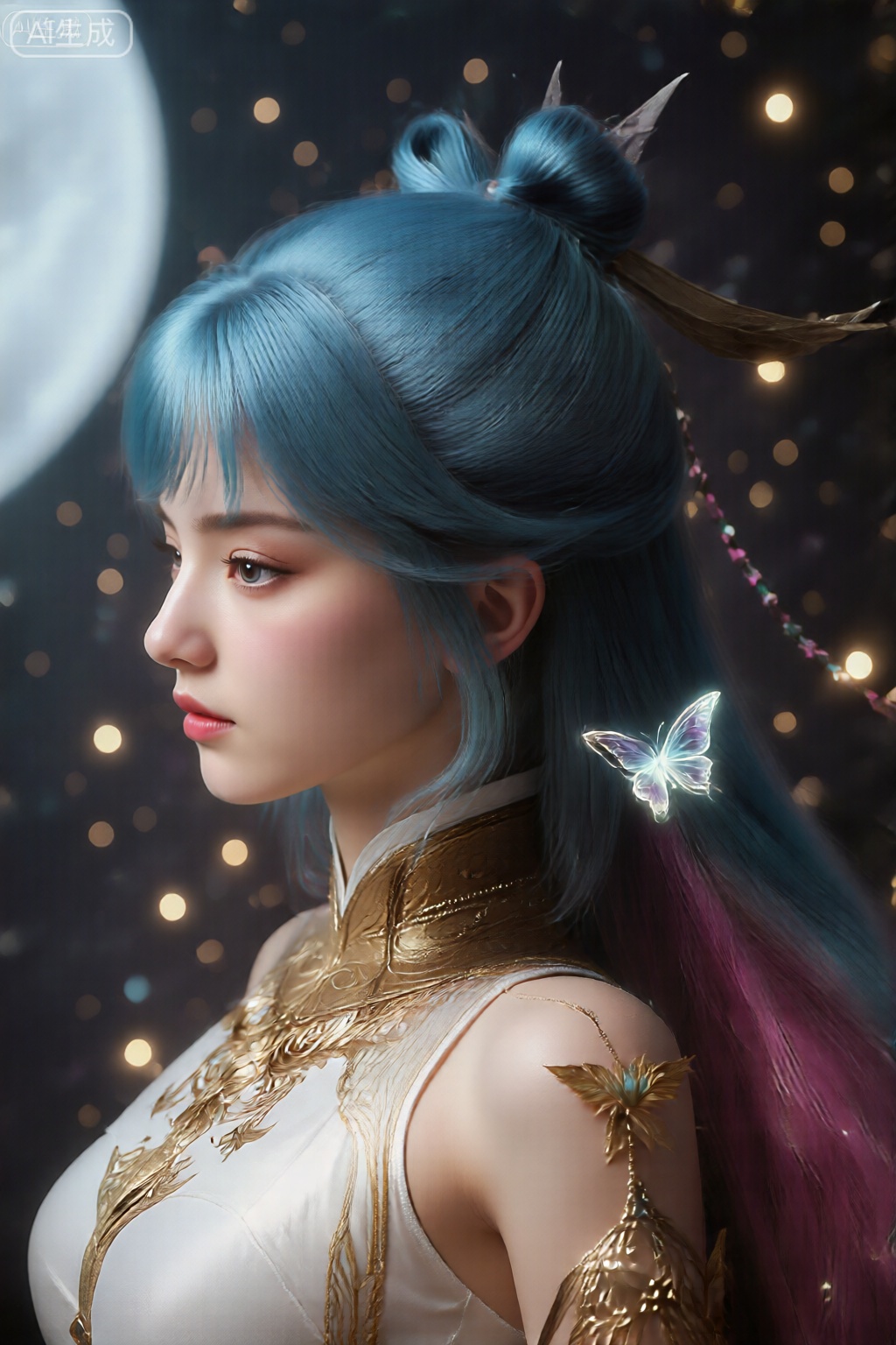 该图像具有一个女性形象,长长的头发长出,从顶部的深蓝色转变为末端充满活力的粉红色。她的头发饰有尖端,一只半透明的发光蝴蝶在她的头发附近。她穿着一件白色的衣服,上面有复杂的金绣花和装饰,包括肩膀上的高领和装饰元素。背景是黑暗的,充满了许多发光的球（产生了星光效果）,左侧可见一个大的明亮的月亮。整体气氛是空灵和神奇的,具有详细的服装设计和发光元素。