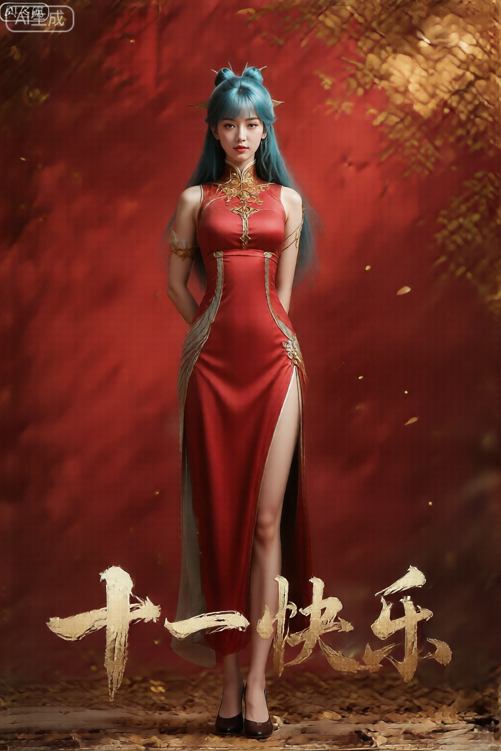 从头到膝盖照片,
在充满国风韵味的红色背景和秋天金色的,一位美女身穿红色旗袍,,,还有用富有国风特色的书法字体书写的“十一快乐”文字作为装饰,整体营造出国风主题风格。,王冬儿,蓝色头发