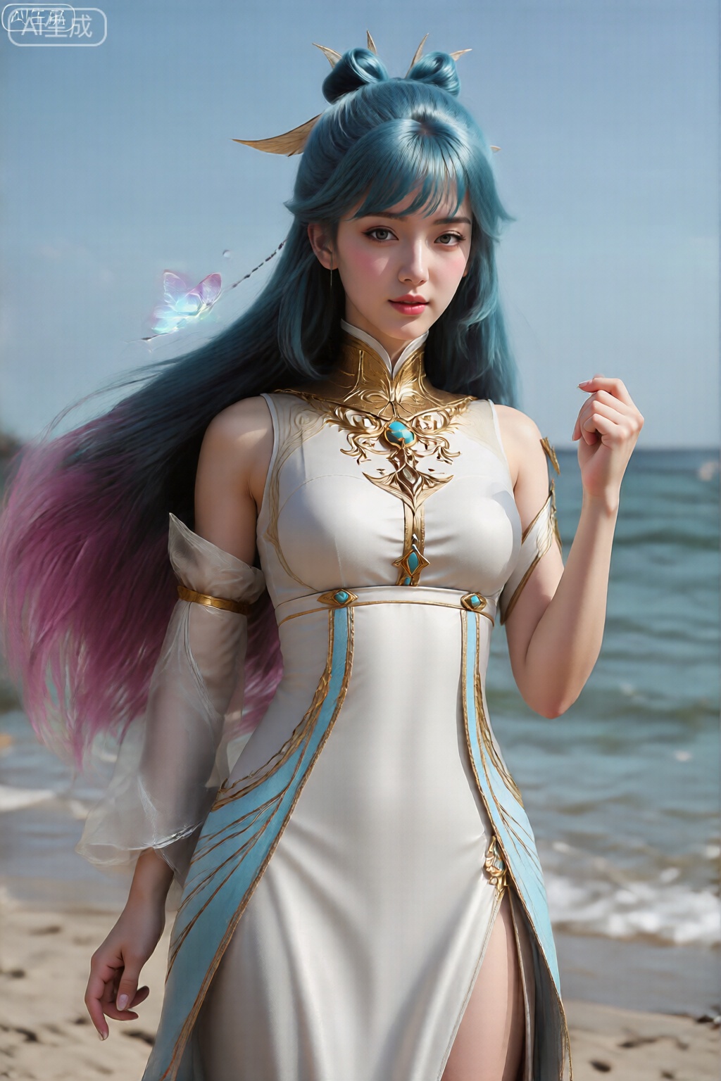 长长的头发长出,从顶部的深蓝色转变为末端充满活力的粉红色。她的头发饰有尖端,一只半透明的发光蝴蝶在她的头发附近。
该图像描绘了一个女性角色,看着镜头,全身照。她穿着一件合身的,无袖,白色的连衣裙,上面装饰着复杂的金色和绿松石装饰。这款连衣裙的高领带带有装饰性的金项圈,一个中央垂直面板,带有浅蓝色和金色的图案,一侧是高缝隙。她的外观微妙,空灵的外观,在阳光明媚的海滩上,表情俏皮又得意,享受着胜利后的悠闲。