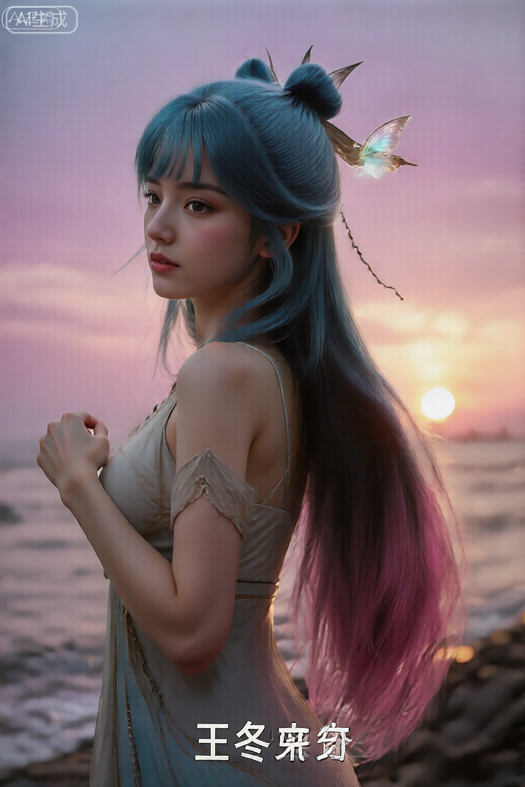 长长的头发长出,从顶部的深蓝色转变为末端充满活力的粉红色。她的头发饰有尖端,一只半透明的发光蝴蝶在她的头发附近。
一位长发飘飘的活力女孩,在日落时分的海边。她穿着飘逸的吊带长裙,。她回头望向镜头,夕阳的余晖为她勾勒出金色的轮廓,。背景是粉紫色渐变的天空,整个画面充满电影感和治愈感。
镜头参数：索尼A7R V, FE 135mm f/1.8 GM, f/2.8, 1/1000s, ISO 100,王冬儿