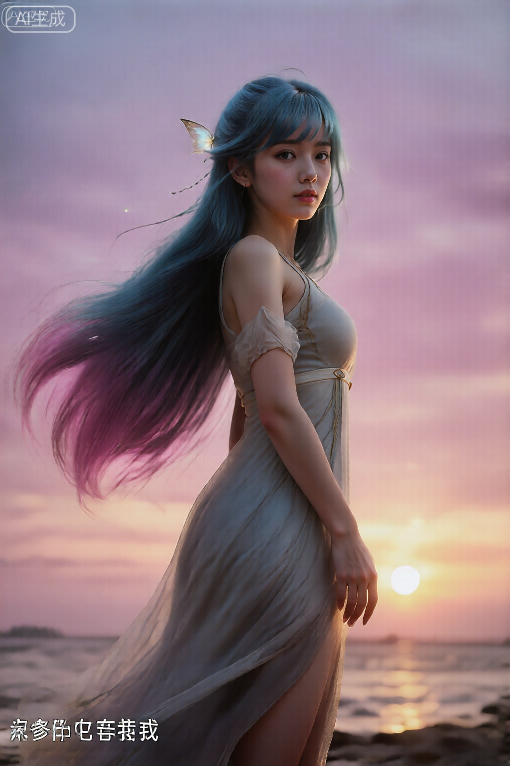 从头到膝盖照片。看着镜头,长长的头发长出,从顶部的深蓝色转变为末端充满活力的粉红色。她的头发饰有尖端,一只半透明的发光蝴蝶在她的头发附近。
一位长发飘飘的活力女孩,在日落时分的海边。她穿着飘逸的吊带长裙,。她回头望向镜头,夕阳的余晖为她勾勒出金色的轮廓,。背景是粉紫色渐变的天空,整个画面充满电影感和治愈感。
镜头参数：索尼A7R V, FE 135mm f/1.8 GM, f/2.8, 1/1000s, ISO 100,