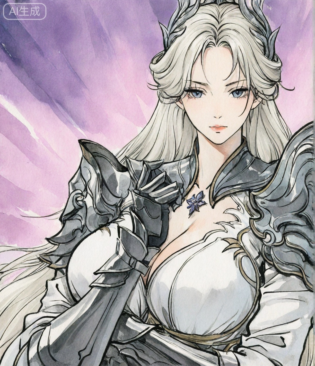 ((very awa)),(solo),highly detailed,(best quality),((masterpiece)),1girl,chi,,watercolor \(medium\),looking_at_viewer,large breasts,lineart,flat color,ge,,mature_female,,jianling,long hair,shoulder armor,white hair,gauntlets,