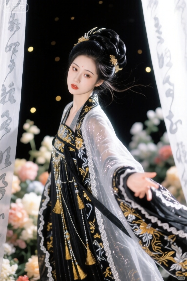 华丽人物,高角度构图,高位视平线,动感构图,时间凝固瞬间,头发绸缎一般光泽水墨湿笔勾线+回折处干脆利落,色彩饱满有层次,金色银色点缀,质感黑色蓬松发髻绝世美少女向前伸手,面容绝美,清瘦,仙气,花海,人物特写,正面视角,微仰角,对称构图浅景深,主题鲜艳,光斑点缀,暗面配色：灰白色背景深色系+提花云锦帷幔,左右两边留白衣服材质：亮片纱+丝绒提花+欧根纱+花边+流苏+刺绣+印花繁复垂坠褶皱+华丽丰富饰品+传统衣服暗纹。