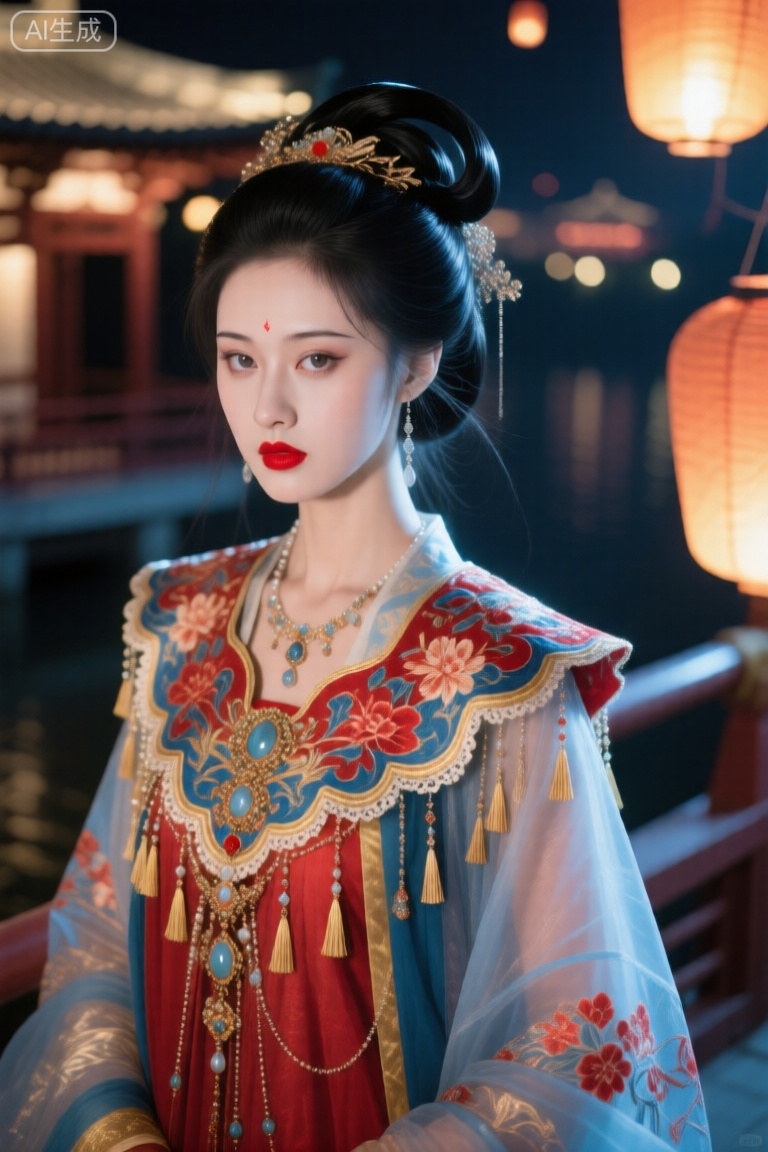 广角俯视角度拍摄,呈现一位穿着古风衣、有着国风搭配的冷傲,霸气,拽,美丽的厌世脸,轻蔑的眼神,一张纯白的脸,发光的脸她有着一头黑色的头发盘成单螺髻, 衣服材质：花边+流苏+刺绣+印花薄纱红色蓝色鎏金色魏晋汉服云肩,繁复垂坠褶皱+华丽丰富饰品+传统衣服暗纹。 她红唇,灰色宝石般眼睛,她的身上带有许多华丽的装饰和小物,各种珠宝首饰画面色彩过渡自然,给人一种优雅且富有艺术气息的视觉感受半身特写,氛围感神图,梦幻,闪闪发光,超高清。 背景：亭台楼阁,长安夜景,身后是孔明灯光影斑驳,美轮美奂,超高清,半身拍摄,光影斑驳,美轮美奂,绝美神图,氛围感神图,16k,闪闪发光,明亮色调氛围,闪亮特效,超清画质,完美品质,高级感,氛围感,明暗对比强烈,人物泛光, 朦胧,人物特写,神秘,发丝发光,梦幻感,精致刻画,神秘感,深邃感,柔光,梦幻光影,极繁风格,精致感,高质量,柔焦,细节刻画,超高清,大师级光影,明暗对比,杰出,特写,精致刻画,神秘感,高清,8K,动态视角,动态捕捉,梦幻光影,