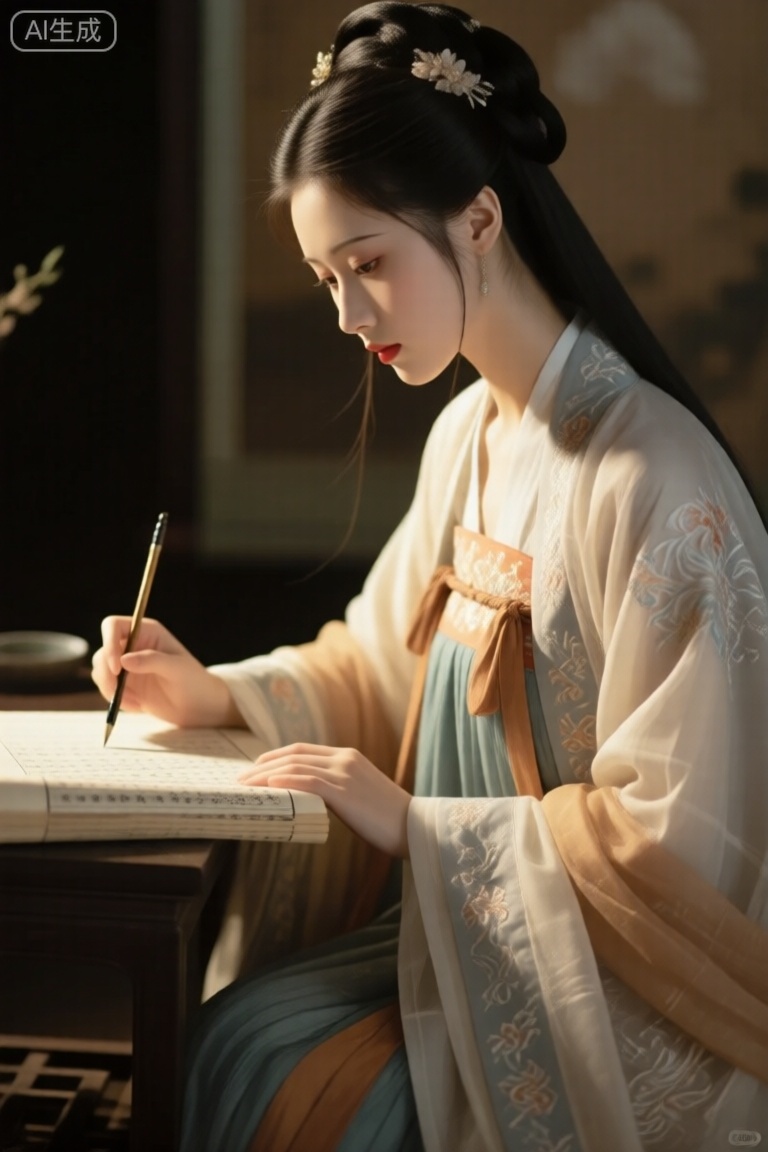 精细刻画面部的细微之处,光影对比柔和,通过巧妙的光影突出主体,立体感强,颜色光线色彩变化强烈,打光手法熟练。一位穿着精致的古风小姐微微侧头坐着拿笔书写长书卷,服饰精致大气,古风衣服层层叠叠,人物在图中占比约三分之二,微微侧面俯视角度,贴近脸部展开绘画,脸部在图中占比极高且精致