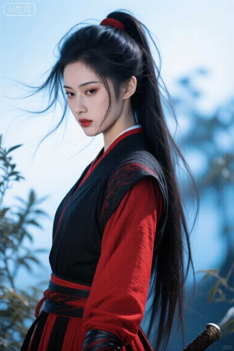 垂眸,妖治,全身上下透露一种高智感,凌乱的头发,双目无神,衣服以黑色和红色为主,高马尾,长发披肩,再另外随便想一些元素增加画面,主色调以红色系,整体画风充满了东方幻想风格,画面对于面部细节进行了着重描绘,高光部分的处理精美细致,同时具有摄影机极蓝噪点的画质,被植物包围,顶级构图,全身,武侠,风吹起头发,以及明显的蓝白色曝光效果,增强了画面的视觉冲击力。