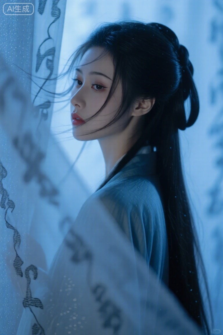 梦幻感,营造出充满故事感氛围的画面,营造神秘氛围,氛围感和层次感,营造朦胧,构图饱满,垂眼,梦幻感,营造出充满故事感氛围的画面。采用动态,自然感,虚化感,面部表情、复杂的肢体动作等都绘制得极为精美,顶级构图,风吹起头发,画面阴湿,使画面充满颗粒感,展现出大量颜料的堆积氛围感和层次感,梦幻感,营造出充满故事感氛围的画面,营造神秘氛围,古典,中式,侧马尾,飘动的窗帘,整体颜色为蓝色调