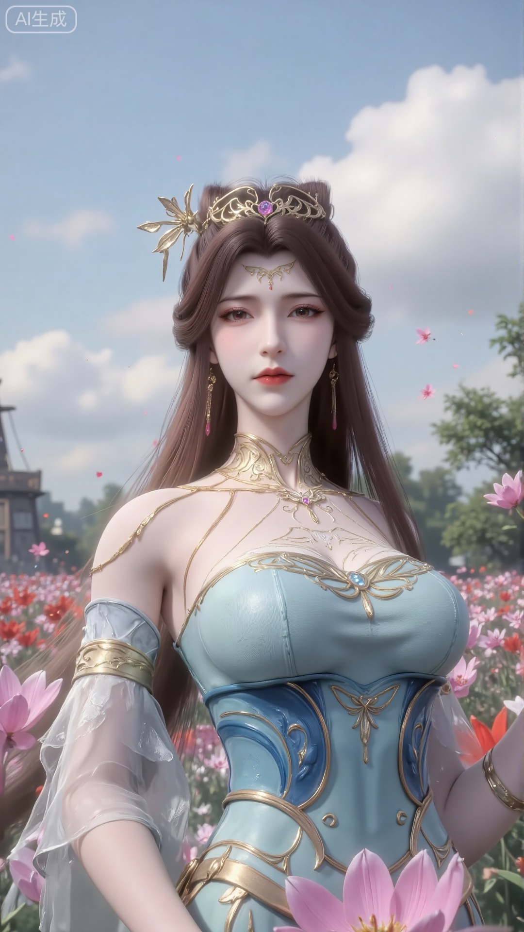 In the spring afternoon, the sunshine flows like melted honey on the ocean of tulips, and the girl with headdress curls up in colorful flowers. Her long brown hair hung down her shoulders like silk, and a few strands of broken hair hung playfully on both sides of her cheeks. The ends of her hair curled slightly and swayed gently in the breeze. Those bright eyes are as crystal clear as peach jelly, full of tenderness and curiosity, and the flowing eyes have a slight luster, as if hiding the romance of the whole spring.

The surface of the dress is decorated with delicate lace, and the crown is decorated with small flowers made of pearls, which complement the flower sea below. Her white fingertips caressed tulips, which looked as red as fire, as bright as gold and as pink and purple as the clouds around her. Dewdrops on the petals wet her fingertips, and the coolness penetrated into her skin.

Overhead, in the pink rose sky, fluffy pink clouds float like fluffy cotton candy, and are sometimes pulled into various lovely shapes by the wind. On the grass in the distance, several wooden windmills are turning slowly, and dark brown leaves cast mottled light and shadow in the sun. The chirping of bees among the flowers constitutes a brisk pastoral. The breeze blew, and the sea of tulips opened layer by layer, wrapping flowers on the girl's nose and blowing away her hair. The whole picture looks like a dream in a fairy tale book.Blue clothes