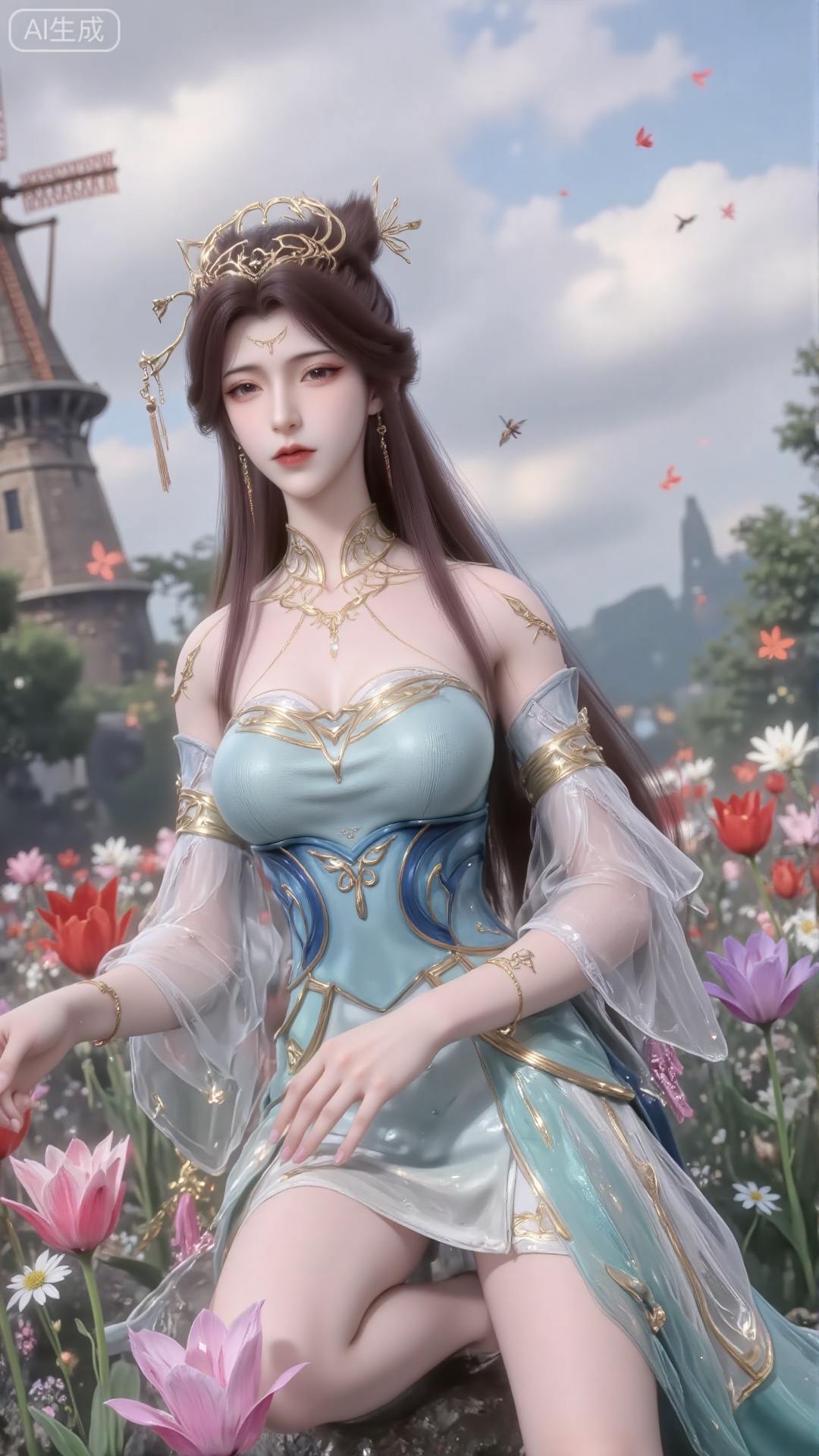In the spring afternoon, the sunshine flows like melted honey on the ocean of tulips, and the girl with headdress curls up in colorful flowers. Her long brown hair hung down her shoulders like silk, and a few strands of broken hair hung playfully on both sides of her cheeks. The ends of her hair curled slightly and swayed gently in the breeze. Those bright eyes are as crystal clear as peach jelly, full of tenderness and curiosity, and the flowing eyes have a slight luster, as if hiding the romance of the whole spring.

The surface of the dress is decorated with delicate lace, and the crown is decorated with small flowers made of pearls, which complement the flower sea below. Her white fingertips caressed tulips, which looked as red as fire, as bright as gold and as pink and purple as the clouds around her. Dewdrops on the petals wet her fingertips, and the coolness penetrated into her skin.

Overhead, in the pink rose sky, fluffy pink clouds float like fluffy cotton candy, and are sometimes pulled into various lovely shapes by the wind. On the grass in the distance, several wooden windmills are turning slowly, and dark brown leaves cast mottled light and shadow in the sun. The chirping of bees among the flowers constitutes a brisk pastoral. The breeze blew, and the sea of tulips opened layer by layer, wrapping flowers on the girl's nose and blowing away her hair. The whole picture looks like a dream in a fairy tale book.Blue clothes