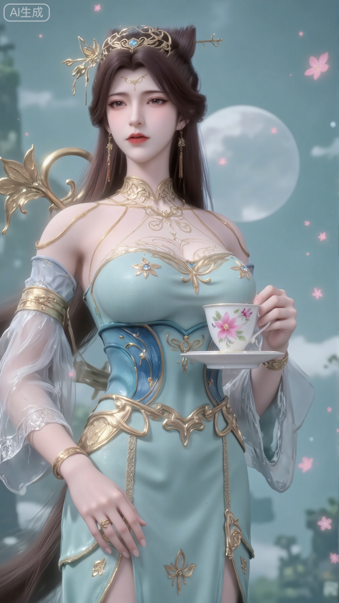 This image depicts a quiet and ethereal scene, in which a character is dressed in elegant turquoise and gold. The character has elegant long brown hair and exquisite gold ornaments. She is holding a delicate teacup with a matching saucer, which is also decorated with floral patterns. The background is a soft dreamy turquoise background, with luminous particles and subtle and magical aura around the character, which enhances the mysterious atmosphere. The overall aesthetic is highly meticulous and dreamy, with emphasis on elegance and tranquility.