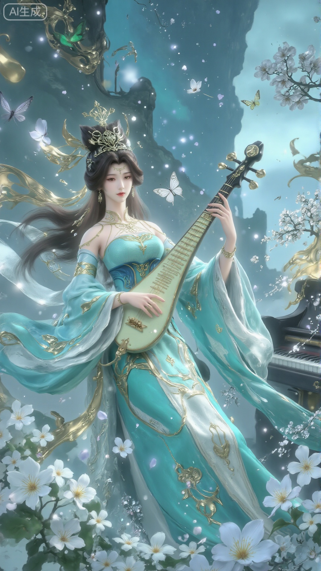 This image depicts a quiet and ethereal scene. A woman is playing a bright green guqin, which is a traditional Chinese musical instrument. She was dressed in an elegant turquoise dress decorated with exquisite floral patterns. She wears a headdress to match her clothes. The background is a soft dreamy turquoise background, with notes floating, and a butterfly is close to her shoulder. You can see translucent curtains on the right, and there is a luminous piano on the ground on her left. She is surrounded by delicate white flowers and aquatic plants, creating a quiet and mysterious atmosphere.start wearing