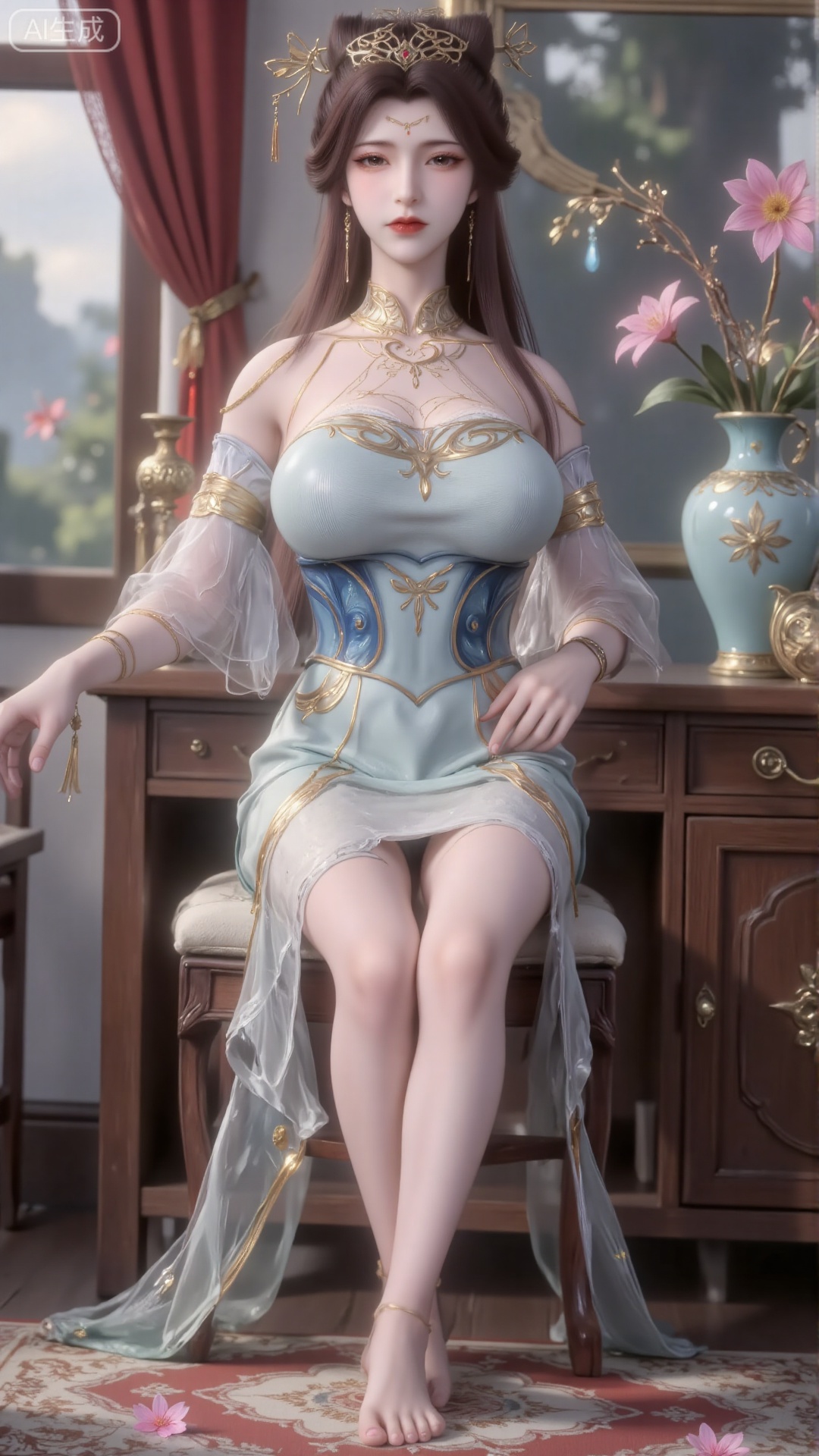 sulingyun, 1girl, solo,indoors, sitting, desk,cabinet,vase,(looking at viewer:1.3), (standing:1.5), (from front:1.3), dress, hair ornament, 