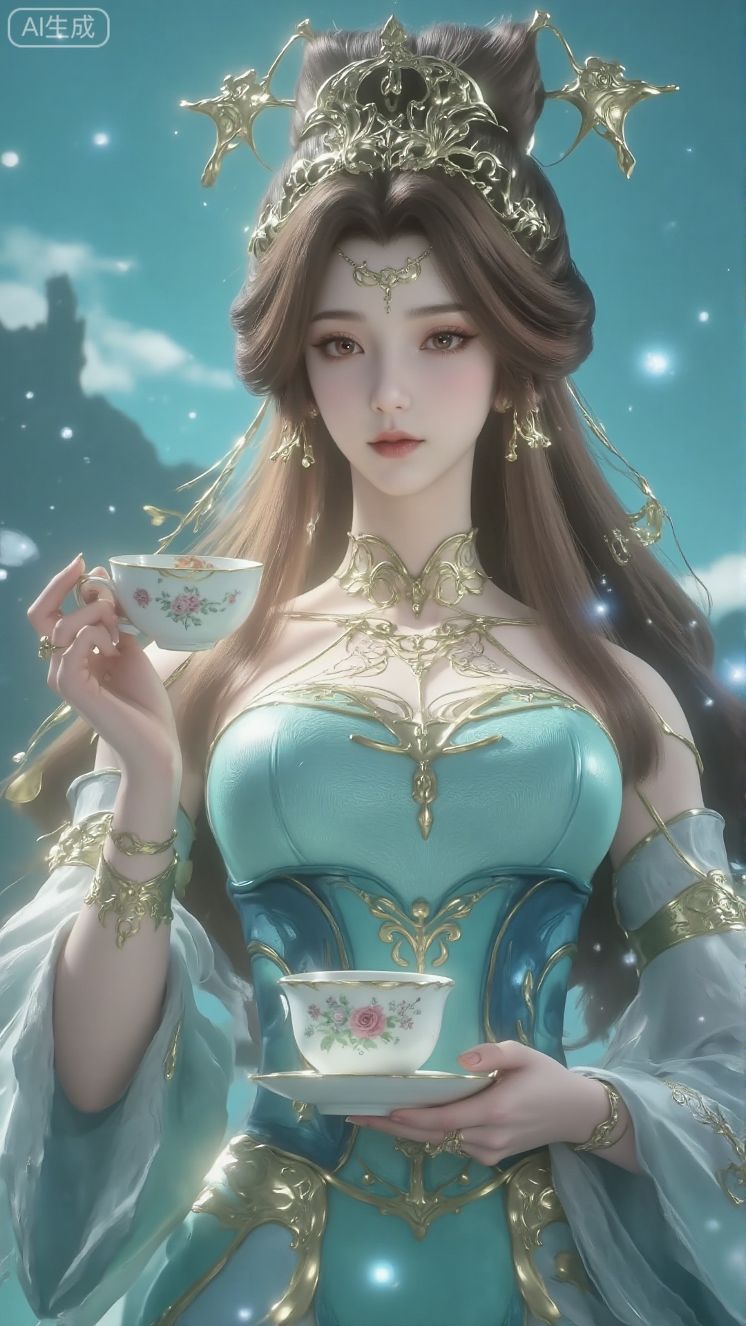 This image depicts a quiet and ethereal scene, in which a character is dressed in elegant turquoise and gold. The character has elegant long brown hair and exquisite gold ornaments. She is holding a delicate teacup with a matching saucer, which is also decorated with floral patterns. The background is a soft dreamy turquoise background, with luminous particles and subtle and magical aura around the character, which enhances the mysterious atmosphere. The overall aesthetic is highly meticulous and dreamy, with emphasis on elegance and tranquility.