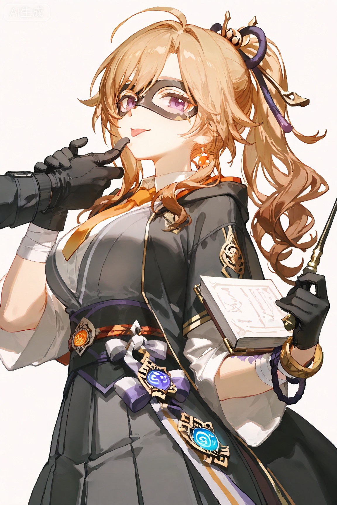  quality good,ciloranko,[sho_(sho_lwlw)],(((tianliang duohe fangdongye))) ,(ningen_mame:0.7),hogwarts school uniform, 1girl, solo, long hair, book, school uniform, holding, wand, skirt, brown eyes, brown hair, grey skirt, socks, pleated skirt, holding wand, holding book, kneehighs, smile, long sleeves, necktie, shirt, simple background, white background, feathers, bangs, shoes, standing, looking at viewer, white shirt, wavy hair, robe, black robeVisual impact,32K UHD,
a mature woman,only upper body,really large breast,black gloves,arm choke,looking_at_viewer,(\xiao gong\),ponytail, blonde hair,purple eyes,arm tattoo,obi,rope, hair ornament,bandaged arm,vision (genshin impact),black skinsuit,random pose,tongue licking,eye mask,sexy guilty (idolmaster),eye half closed,hands_raised,yswh