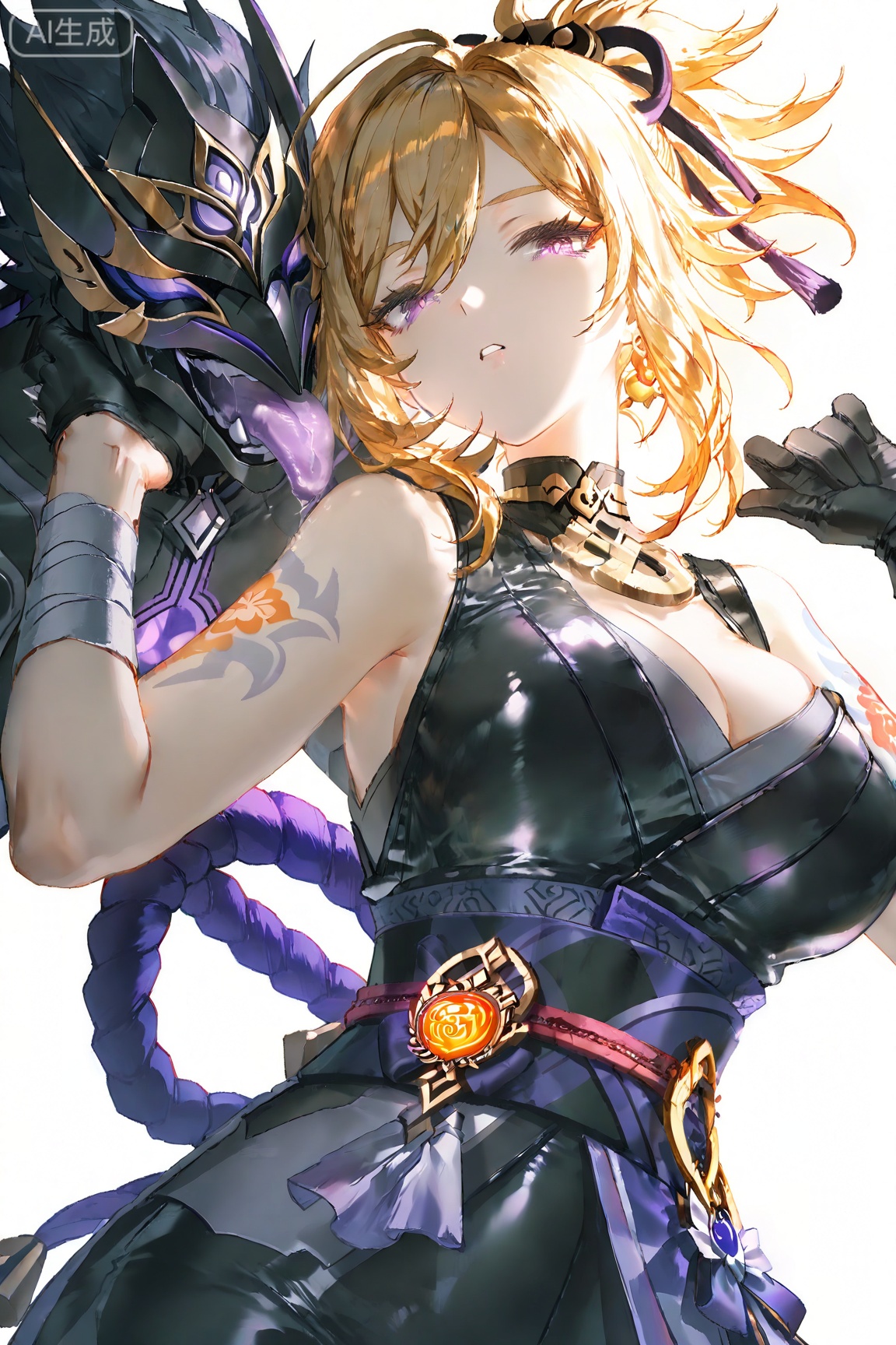 (artist:quasarcake:0.6),extreme aesthetic,masterpiece,best quality,high quality,(Tyndall Effect 1.4),extremely detailed,High Detail,vibrant colors,anime style,extreme aesthetic,masterpiece,best quality,good quality,very aesthetic,absurdres,Visual impact,32K UHD,
a mature woman,only upper body,really large breast,black gloves,arm choke,looking_at_viewer,(\xiao gong\),ponytail, blonde hair,purple eyes,arm tattoo,obi,rope, hair ornament,bandaged arm,vision (genshin impact),black skinsuit,random pose,tongue licking,eye mask,sexy guilty (idolmaster),eye half closed,hands_raised,yswh