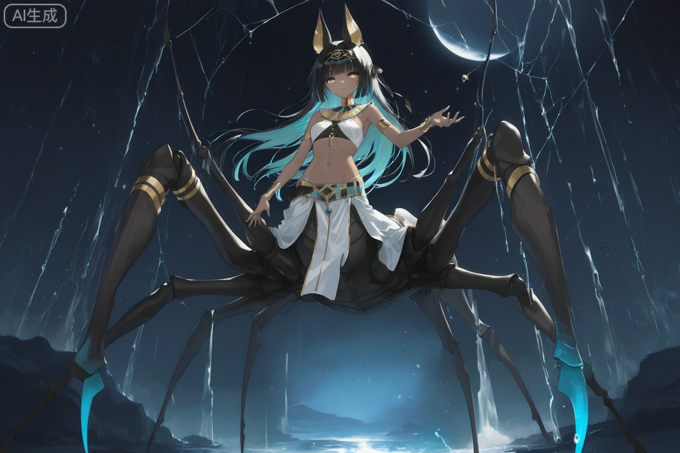 Solo, whole body,
Stretch your arms and open your hands,

Lips, dynamic emotions, illustrations, line art,

Late at night, in the dark, the theme of cold tones
(Height 160 cm: 1.2),
/
1 girl, solo, long hair, breasts, looking at the viewer, smiling, bangs, black hair, navel, animal ears, jewelry, closed mouth, tail, full body, yellow eyes, sidelocks, multicolored hair, small breasts, midriff, hand raised, dark - skinned, legs spread, blunt bangs, bracelet, two - tone hair, dark - skinned female, aqua hair, monster girl, pelvic curtain, armlet, colored inner hair, arthropod girl, Egyptian style, taur (minotaur - like), Egyptian clothes, spider girl, multiple legs, arthropod limbs, usekh collar (ancient Egyptian wide - collar necklace).
//

（Rella：1.2）,

Masterpiece, amazing quality, best quality, ultra-detailed, 8K, illustration, CG, ultra-detailed eyes, detailed background, cute girl, eyelashes, movie composition, ultra-detailed, high-quality, realistic, extremely detailed CG unity, masterpiece, high quality, best quality, 8k resolution,