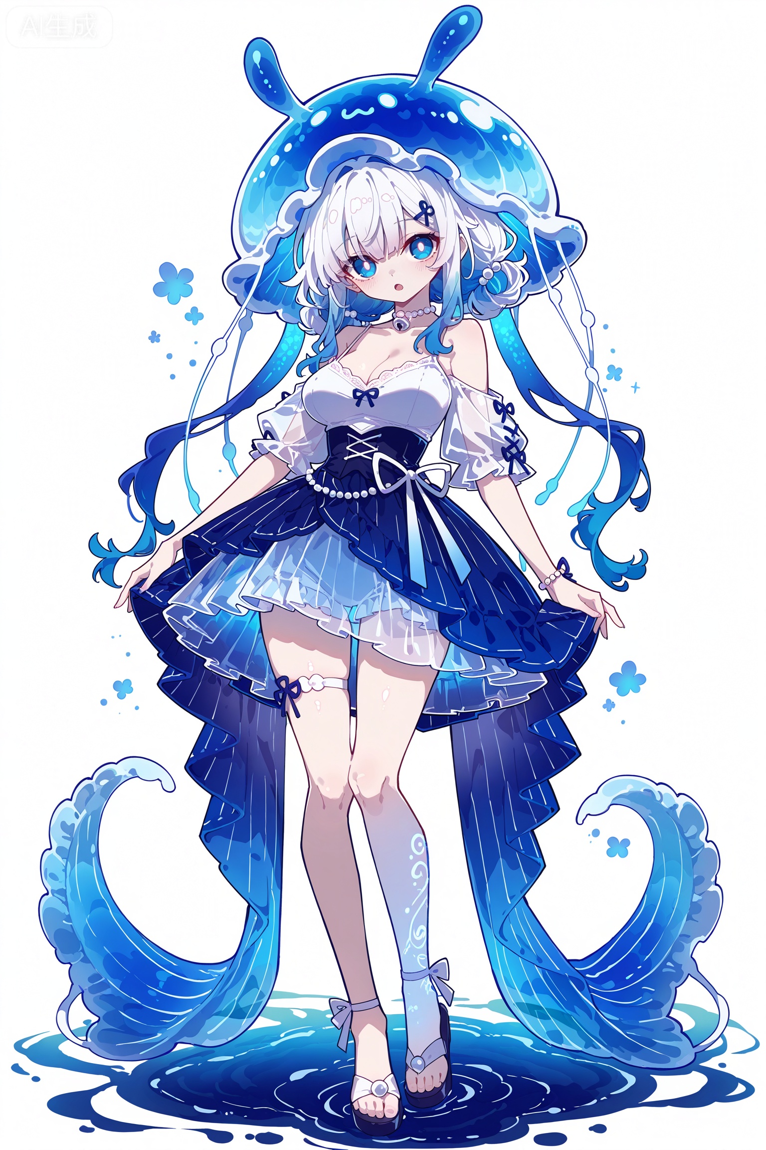 Solo, whole body, mature_monster_girl, monster_headdress, monster_clothes,

White background, monochrome theme, outline: 1.2

Cujiujiu,//

Line art, masterpiece, the best quality, extremely exquisite and beautiful,

Huge file size, amazing quality,multicolored hair,,(imazawa:1.1),(maccha_(mochancc):0.3),(ningen_mame:0.8),(mochizuki_kei:0.75),
／／
1 girl, breasts, cleavage, 

1girl, solo, ice blue jellyfish-like hair, transparent wavy hair, bioluminescent hair tips, light amber jellyfish eyes, glowing pupils, innocent expression, soft gaze, slightly open mouth, pale translucent skin, bioluminescent blue blush, jellyfish humanoid, full body jellyfish transformation, jellyfish tentacle limbs, transparent tentacles with bioluminescent blue stripes, floating tentacles, jellyfish bell-shaped skirt, sheer bioluminescent blue overlay, white camisole, light blue lace trim, ice blue cropped blouse, puff sleeves, white bow, white pearl choker, light blue ribbon wristbands, standing pose, floating posture, ethereal movement, solid white background, no other background elements, bioluminescent glow, transparent texture, delicate line art, soft shading, no watermark, no text, marine fantasy, pure and ethereal aesthetic
