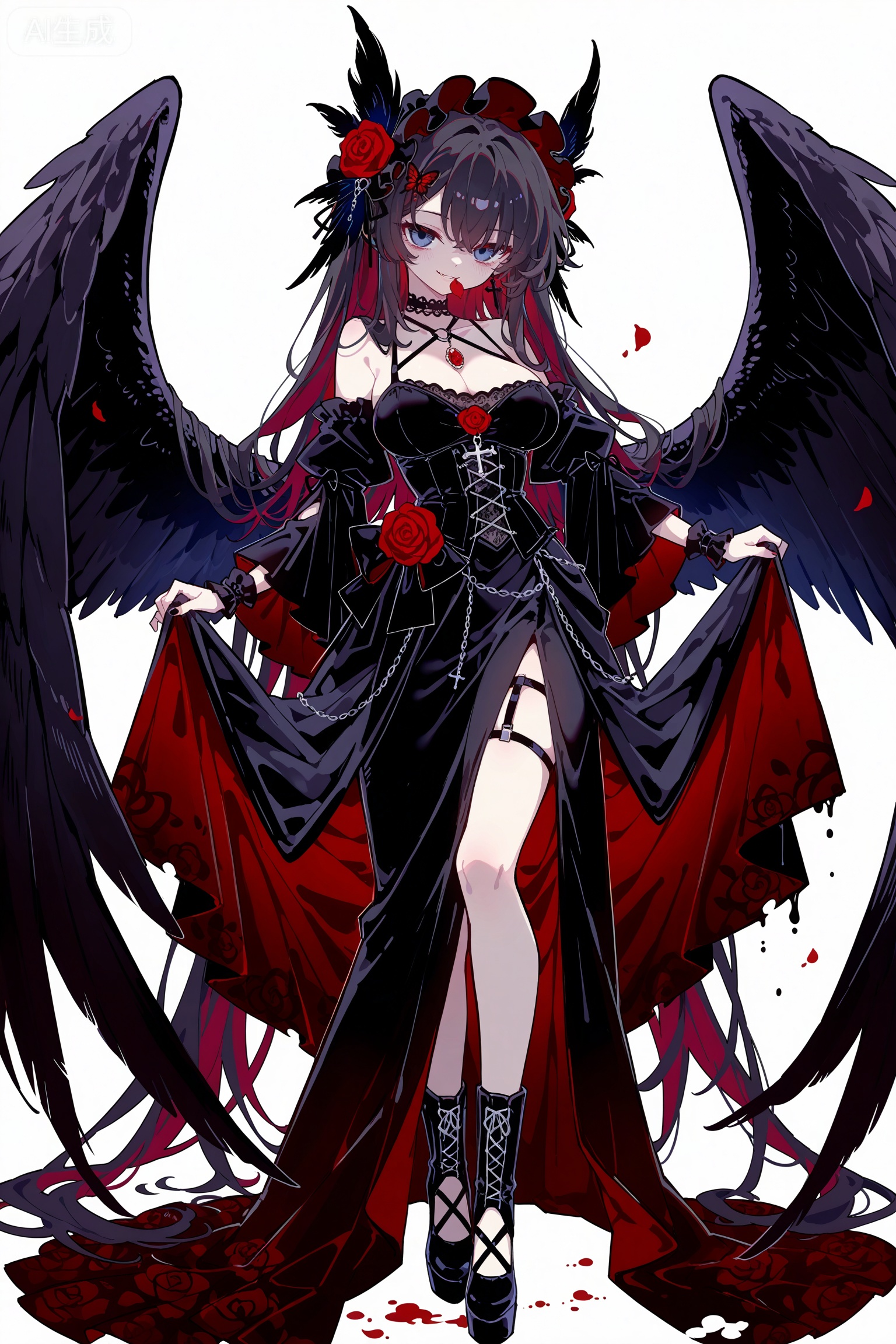 Solo, whole body, mature_monster_girl, monster_headdress, monster_clothes,

White background, monochrome theme, outline: 1.2

Cujiujiu,//

Line art, masterpiece, the best quality, extremely exquisite and beautiful,

Huge file size, amazing quality,multicolored hair,,(imazawa:1.1),(maccha_(mochancc):0.3),(ningen_mame:0.8),(mochizuki_kei:0.75),
／／
1 girl, breasts, cleavage, 
1girl, solo, charcoal black hair, ink black hair, long curly hair, red rose hair ornament, black feather hair accessories, ice blue-gray eyes, cold gray-blue eyes, narrow eyes, cold expression, smirks, red rose petal in mouth, pale skin with red blush, gothic dark style, black lace camisole, black multi-layered torn cape, red satin lining, red rose decorations, metal cross buckle, black ruffled long skirt, gray polka dot pattern, red inner skirt, black knee-high lace-up boots, metal chain decorations, black choker, red rose pendant, standing pose, body tilt right, lifting skirt, floating cape, floating hair, raven motif, black phoenix butterfly motif, blood splatter effects, monster girl, animalistic limbs, raven claws on hands and feet, black raven wings, feathered wings, taloned feet, demonic lower body, twisted monster legs, pure white background, solid white background, no other background elements, no watermark, no text, elegant and aloof, yandere aesthetic, delicate line art, soft shading, dark fantasy, horror gothic
