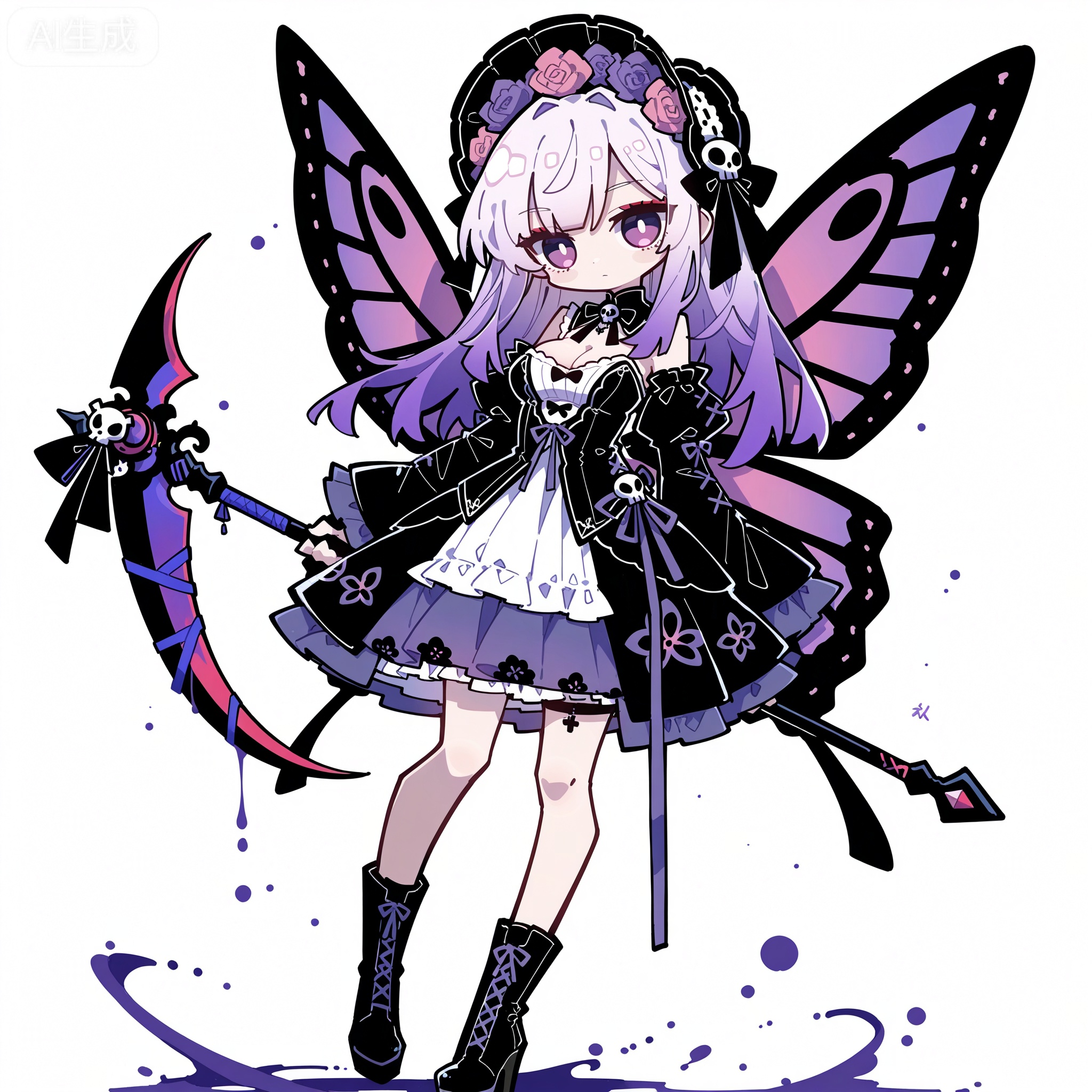 Solo, whole body, mature_monster_girl, monster_headdress, monster_clothes,

White background, monochrome theme, outline: 1.2

chibi,//

Line art, masterpiece, the best quality, extremely exquisite and beautiful,

Huge file size, amazing quality,multicolored hair,,(imazawa:1.1),(maccha_(mochancc):0.3),(ningen_mame:0.8),(mochizuki_kei:0.75),
//
1 girl, breasts, cleavage,
Masterpiece, best quality, ultra-detailed, 1girl, fluffy pink-purple gradient hair with purple flowers and skull decoration, slender purple eyes with red eyeshadow, cold and cold expression, gothic lolita dress with multi-layered ruffled dark purple tulle, black ties Boots holding a giant bloody textured scythe with pink and purple balloons next to it, dress with purple imperial butterfly wings pattern, dynamic floating ribbon, ink splattered white background, dark fantasy aesthetic, sweet and dark contrast, anime illustration, cinematic lighting