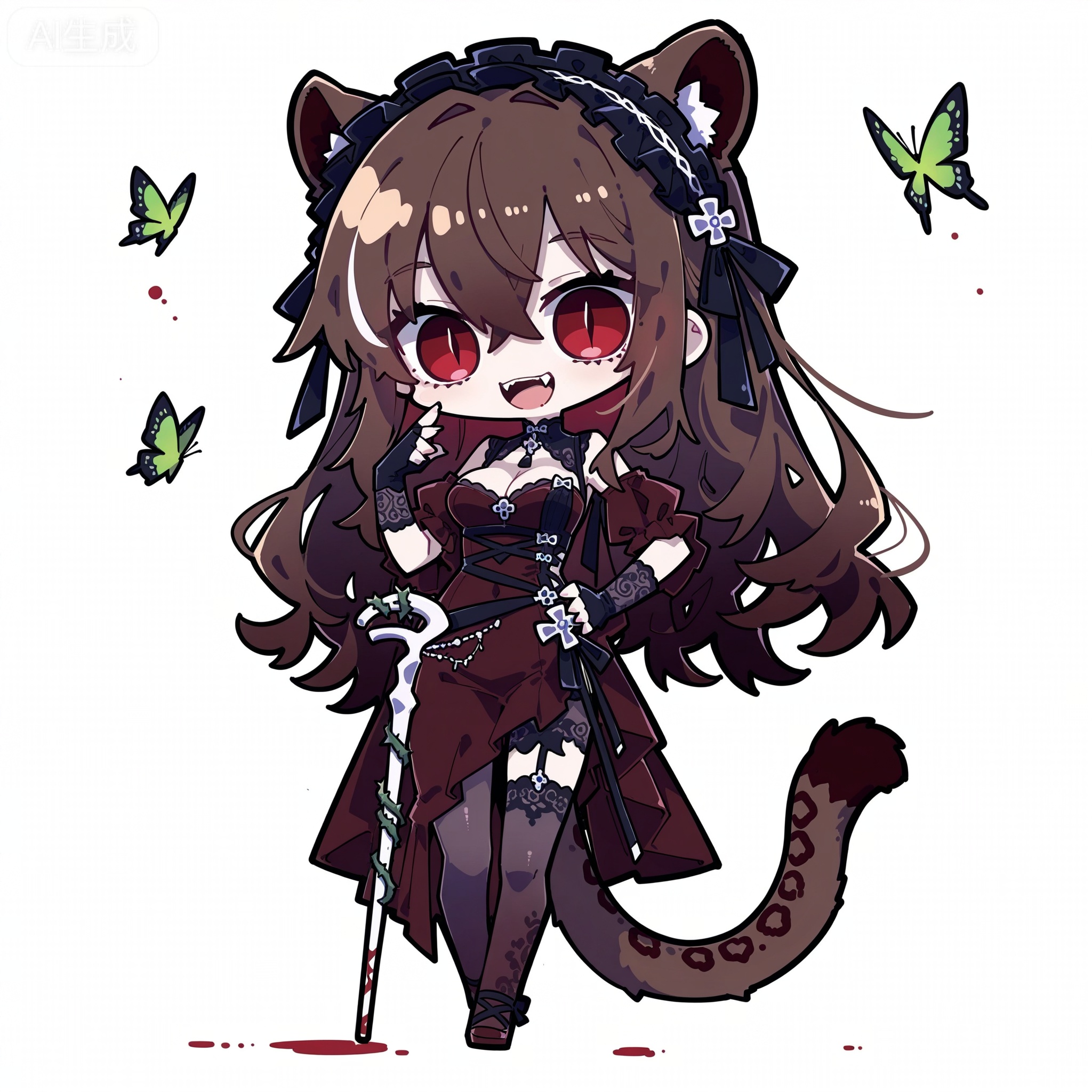 Solo, whole body, mature_monster_girl, monster_headdress, monster_clothes,

White background, monochrome theme, outline: 1.2

chibi,//

Line art, masterpiece, the best quality, extremely exquisite and beautiful,

Huge file size, amazing quality,multicolored hair,,(imazawa:1.1),(maccha_(mochancc):0.3),(ningen_mame:0.8),(mochizuki_kei:0.75),
//
1 girl, breasts, cleavage,
White background, full body monster, 1girl, dark brown curly hair with green vines and golden butterfly decoration, golden slit pupils, sharp fangs, leopard ears and scaly tail, clawed fingers, tattered emerald green and brown vintage dress, long black gloves, bone cane decorated with thorns, pale skin with dark vein pattern, aristocratic elegance, gothic horror style, high details, cinematic lighting