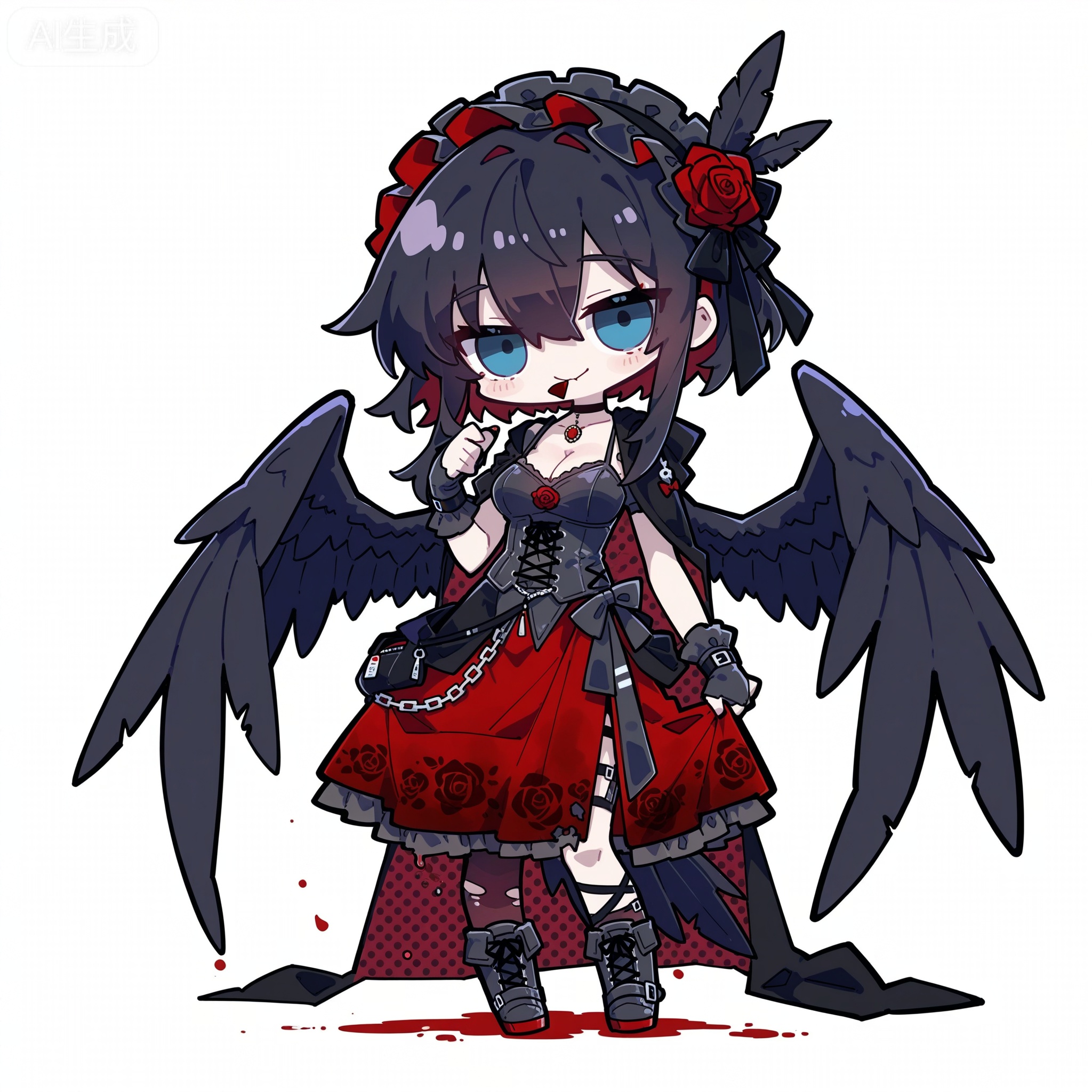 Solo, whole body, mature_monster_girl, monster_headdress, monster_clothes,

White background, monochrome theme, outline: 1.2

chibi,,//

Line art, masterpiece, the best quality, extremely exquisite and beautiful,

Huge file size, amazing quality,multicolored hair,,(imazawa:1.1),(maccha_(mochancc):0.3),(ningen_mame:0.8),(mochizuki_kei:0.75),
//
1 girl, breasts, cleavage,standing,
1girl, solo, charcoal black hair, ink black hair, long curly hair, red rose hair ornament, black feather hair accessories, ice blue-gray eyes, cold gray-blue eyes, narrow eyes, cold expression, smirks, red rose petal in mouth, pale skin with red blush, gothic dark style, black lace camisole, black multi-layered torn cape, red satin lining, red rose decorations, metal cross buckle, black ruffled long skirt, gray polka dot pattern, red inner skirt, black knee-high lace-up boots, metal chain decorations, black choker, red rose pendant, standing pose, body tilt right, lifting skirt, floating cape, floating hair, raven motif, black phoenix butterfly motif, blood splatter effects, monster girl, animalistic limbs, raven claws on hands and feet, black raven wings, feathered wings, taloned feet, demonic lower body, twisted monster legs, pure white background, solid white background, no other background elements, no watermark, no text, elegant and aloof, yandere aesthetic, delicate line art, soft shading, dark fantasy, horror gothic