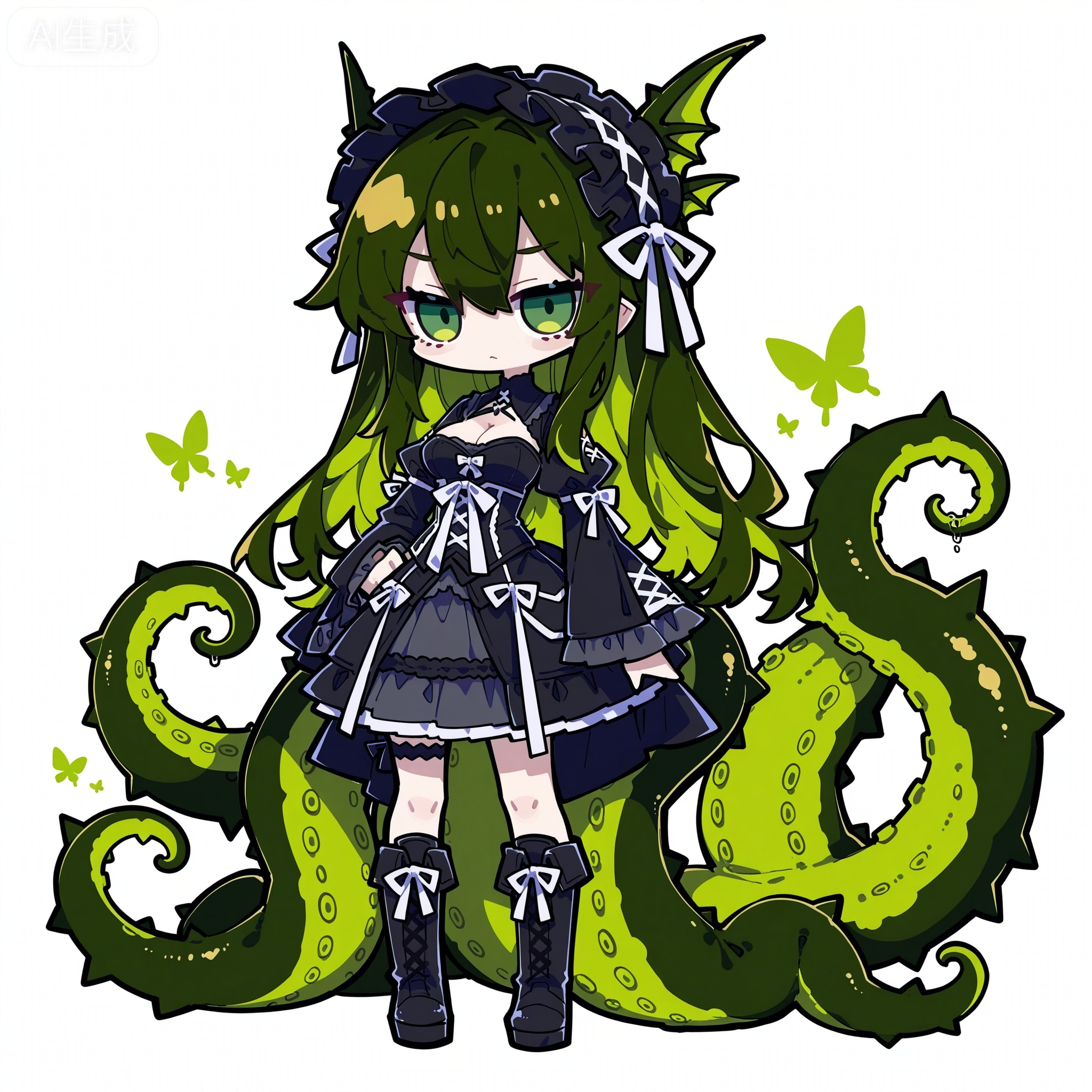 Solo, whole body, mature_monster_girl, monster_headdress, monster_clothes,

White background, monochrome theme, outline: 1.2

chibi,//

Line art, masterpiece, the best quality, extremely exquisite and beautiful,

Huge file size, amazing quality,multicolored hair,,(imazawa:1.1),(maccha_(mochancc):0.3),(ningen_mame:0.8),(mochizuki_kei:0.75),
//
1 girl, breasts, cleavage,
Masterpiece, best quality, ultra-detailed, 1 girl, monsterized all over, green gradient messy tentacles, with thorns and green vines, poisonous green eyes cut vertically, dark green eye shadow, cold expression, tattered gothic lolita dress, multi-layered ruffles dark green, boots, twisted limbs and green scale texture, sharp bone spurs on shoulders, white pure background, dark fantasy aesthetics, weird and strange atmosphere, monster girl mashup, anime illustration, movie lighting