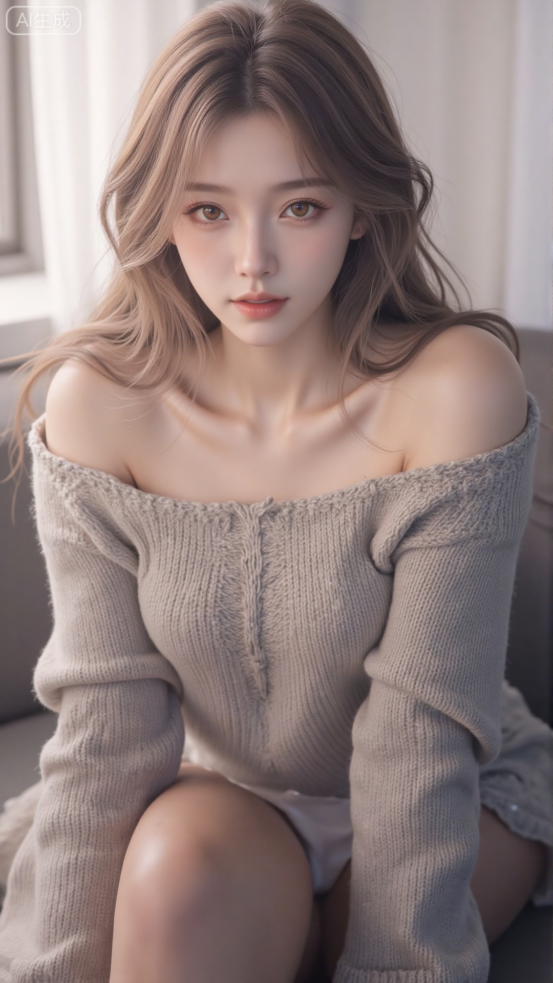 1girl, solo, long hair, looking at viewer, smile, sitting, collarbone, off shoulder, sweater, messy hair, realistic