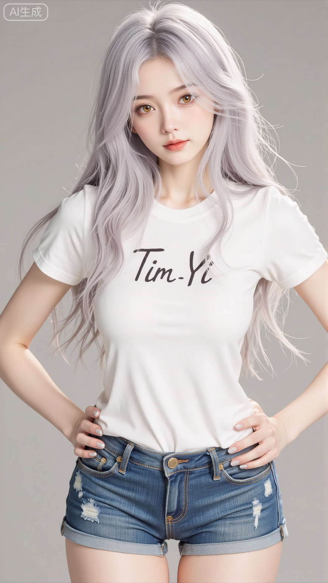 White t-shirt with ”Tim_Yi“ written on it, jeans shorts,1girl