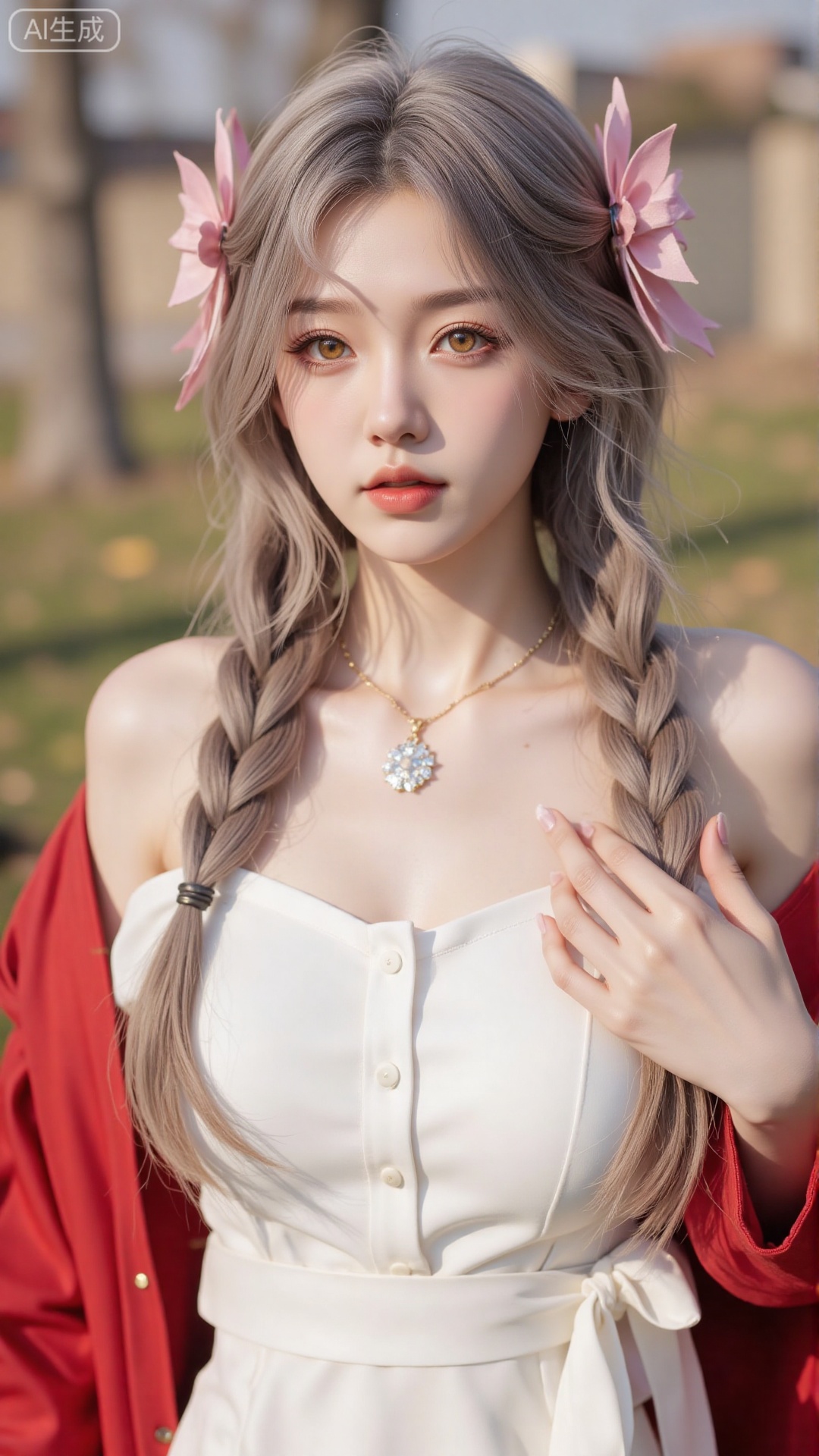 1girl,solo,jewelry,flower,hair flower,hair ornament,necklace,realistic,brown eyes,looking at viewer,dress,blurry background,twin braids,blurry,white dress,long hair,upper body,breasts,pink bow,red jacket,bare shoulders,lips,collarbone,outdoors,cleavage,large natural breast,soft breasts,huge Breasts