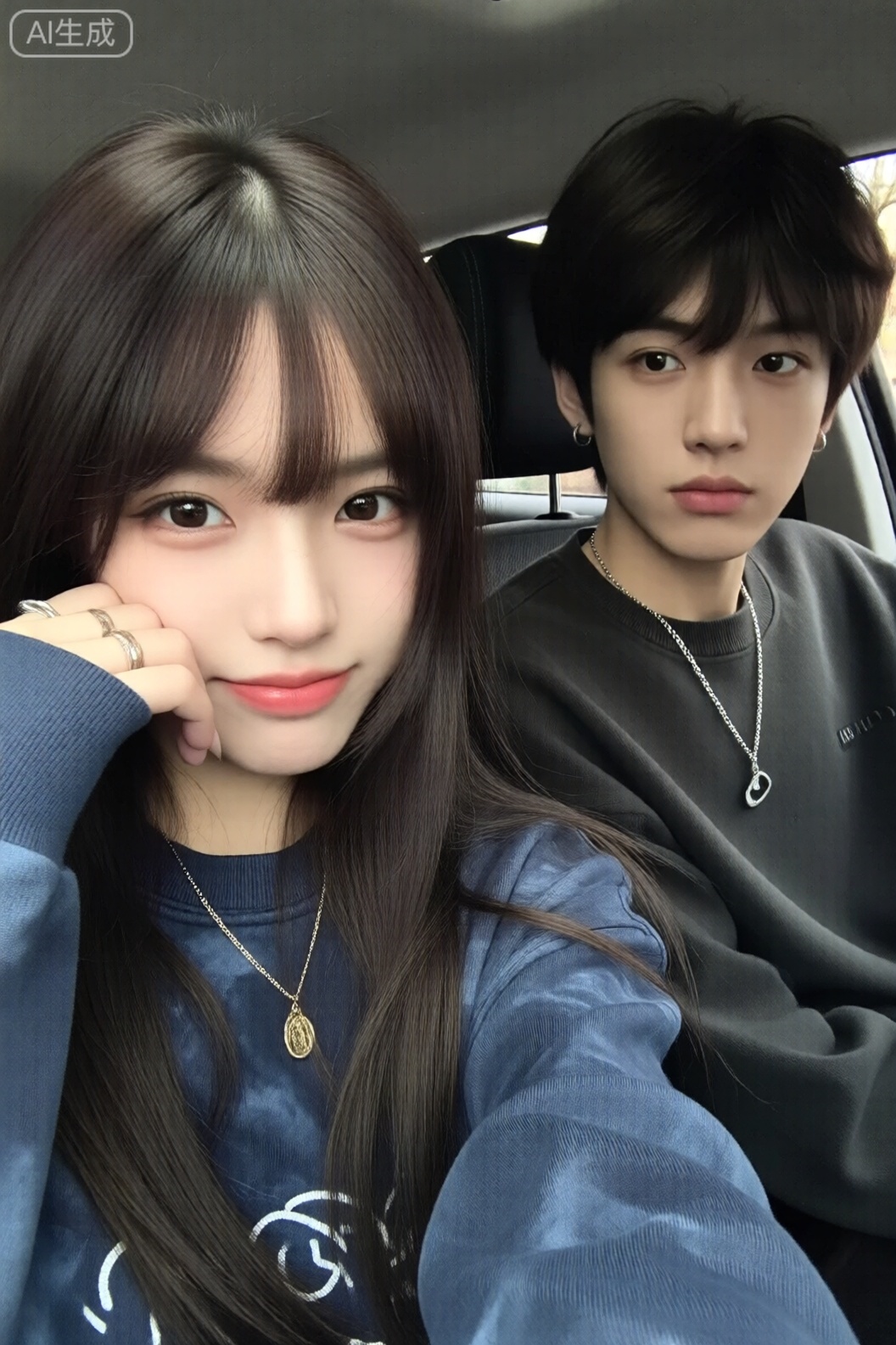 两个年轻人坐在车里的特写。这个人主要是焦点,似乎是女性。她有一头深棕色的长发,刘海部分遮住了额头。她的头发梳直了,垂到胸前。她穿着一件深蓝色或靛蓝色的运动衫,上面有扎染或大理石花纹。这件运动衫是长袖的,看起来很柔软。她戴着一条精致的金项链和一个小吊坠。她的妆容很明显,她似乎有浅色的皮肤和深色的眉毛。她用手触摸脸颊附近的脸,戴着戒指。这个人有点失焦,看起来是男性。他有一头整洁的深棕色短发。他穿着一件深灰色或炭灰色的毛衣或夹克,胸前似乎有一个小标志或文字。他的左耳上戴着一个耳环。他的表情有些严肃,似乎在看画面的左侧。他被前景中的女人遮住了一部分。他们坐在一辆汽车的前排座位上。车内很黑