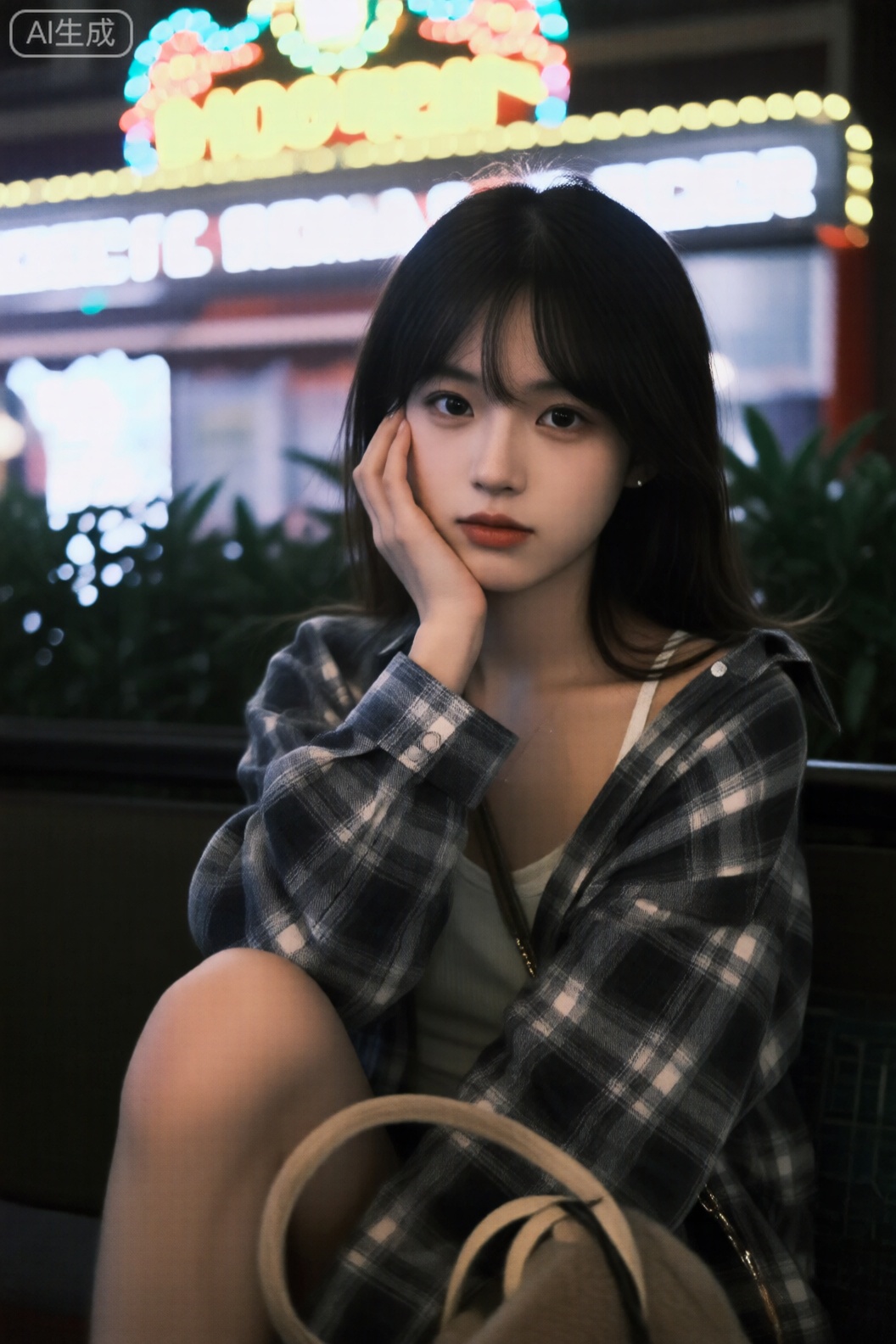 一位年轻女子夜晚坐在户外的特写镜头。她似乎是东亚血统,深色头发部分遮住了肩膀。她的表情有点端庄,她用一只手轻轻地抚摸着自己的脸。她穿着一件宽松的深色格子衬衫,外搭一件浅色上衣或背心。她的腿清晰可见,她拿着一个带带子的浅棕色小毛绒包。背景模糊,但显示了一个充满活力的发光标志或显示器,表明她可能在拱廊、娱乐场所或类似地点附近。她身后还有深绿色的植物,表明是户外环境。她坐在一个看起来像深色的长椅或座位上。照明主要是人工的,可能来自背景中的明亮标志。女人身上的灯光不那么明亮,给人一种略带忧郁或大气的感觉。由于光线不足和女性的姿势,这张照片有点神秘和亲密。明亮的背景和较暗的前景之间的对比突出了主题。图像质量不是非常清晰,尤其是在背景和她的衣服的一些细节上。这张照片似乎是用智能手机摄像头或类似设备拍摄的。
