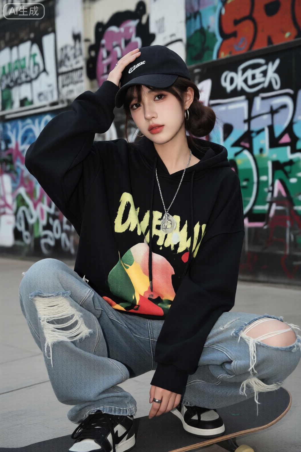 街头时尚风格**,
-风格：街头,酷,年轻,
-布局：垂直,以人为中心,背景是涂鸦墙。,
-角色的服装：超大印花连帽衫,搭配破洞牛仔裤和运动鞋,戴着棒球帽和项链。,
-化妆：裸妆,唇色为裸粉色,发型为发髻或高发髻。,
-配色方案：主要颜色为黑色和灰色,带有明亮的黄色和红色。,
-场景：城市街道,背景包括涂鸦墙和滑板区。,
-设计要求：展示街头文化,人物充满活力,背景动态。