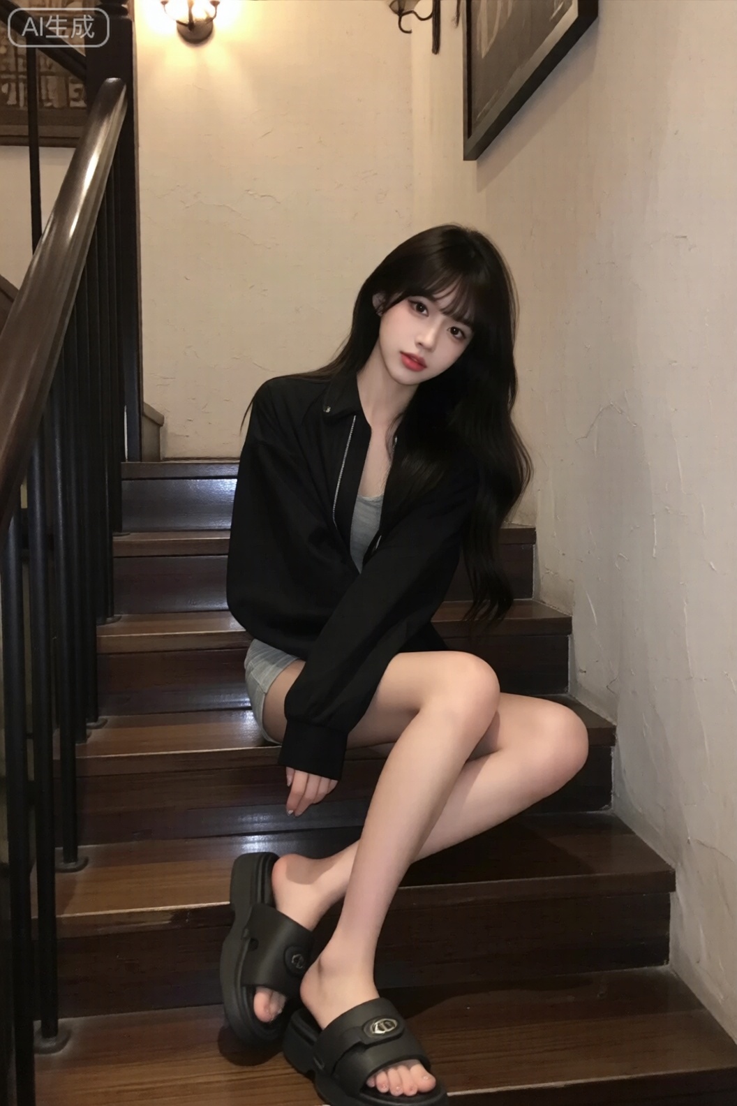 一位长发女子坐在木质楼梯上,她的头发乌黑顺滑,自然垂落。她穿着一件黑色的宽松外套,内搭灰色吊带,下身是浅色短裤,露出修长的双腿。脚上穿着一双深色拖鞋,上面有明显的品牌标志。她的姿态轻松自然,目光直视前方,表情平静而略带一丝温柔。楼梯由深色木材制成,表面光滑,反射出柔和的光线。楼梯旁边是一面粗糙的墙壁,呈现出一种复古的质感。背景中可以看到一盏壁灯,发出温暖的光芒,照亮了楼梯的一部分,营造出温馨而略带神秘的氛围。整体色调偏暗,但灯光的点缀使得画面层次分明,细节丰富。女子的装扮和姿态与周围的环境相得益彰,展现出一种时尚而又不失优雅的风格。