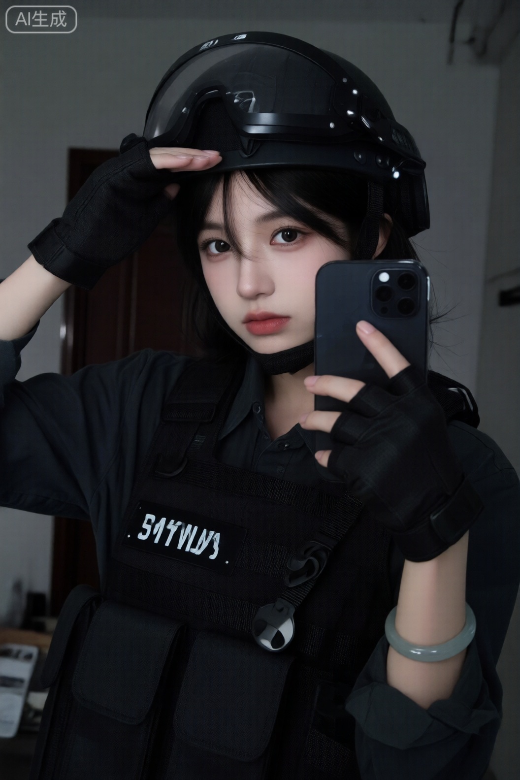 一位年轻女性扮演战术或军事角色的特写镜头.,以下是细节的分解:她有一头黑发,在黑色战术头盔下部分可见戴着遮阳帽. 她的妆容很淡雅,重点突出她的眼睛和嘴唇. 她穿着一件带小袋的黑色战术背心,黑色手套,穿着深色长袖衬衫或夹克. 她右手腕上戴着一只玉色的手镯. 她的表情有些严肃和紧张.服装和头盔高度暗示了军事或SWAT风格的装备,强调战术外观. 服装对细节的关注显而易见.背景昏暗,看起来像是一个室内空间,可能是卧室或走廊. 可以看到镜面反射,显示房间的局部视图. 背景中隐约可见一扇门,可以看到部分壁橱或衣柜. 整体氛围黑暗而忧郁.女人拿着智能手机,展示了她穿着同一件服装的自拍照. 这张自拍照似乎是从稍微不同的角度拍摄的.图像传达出强烈的美感,融合了角色扮演元素,时尚,以及军事或战术主题. 黑暗而忧郁的色调, 
