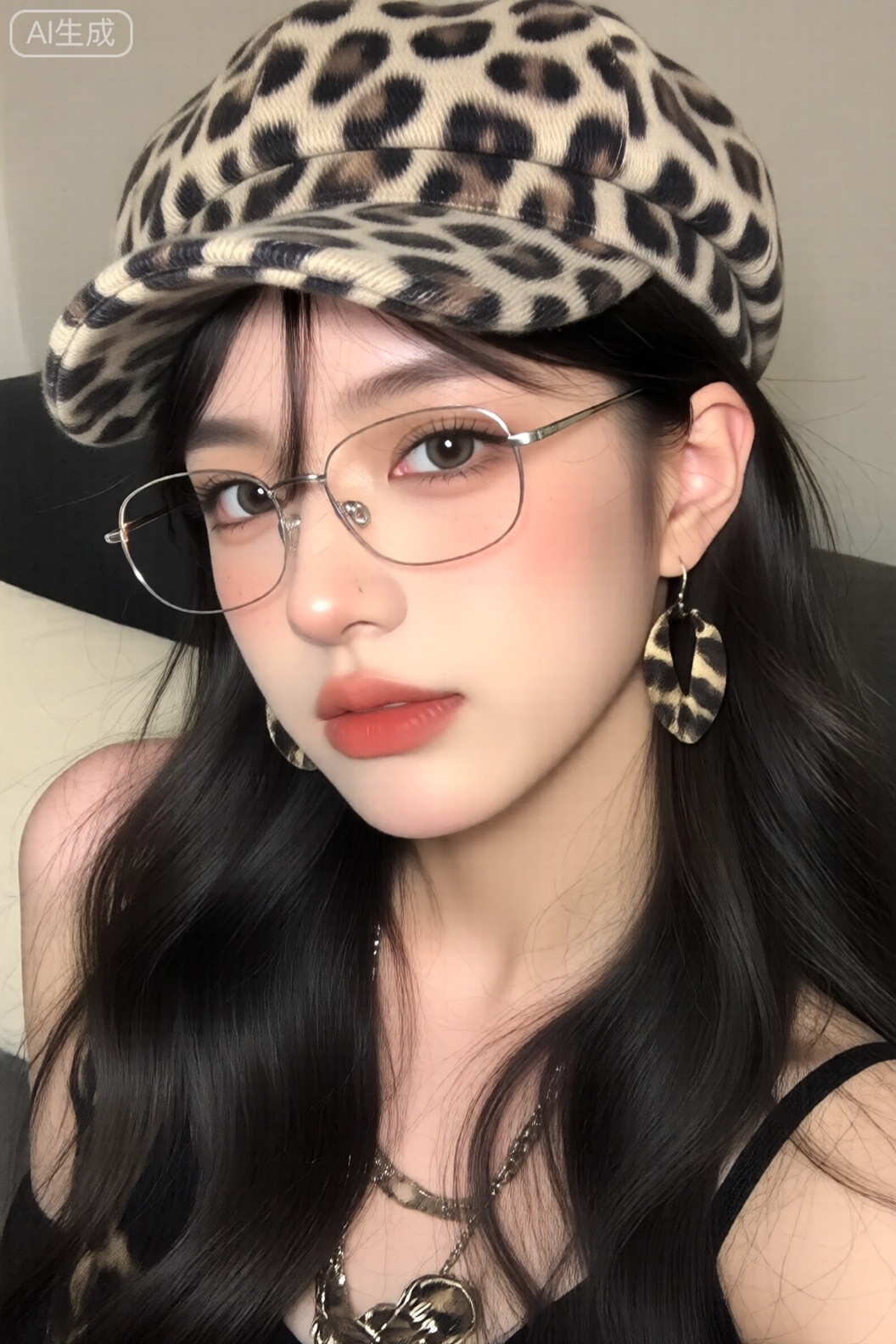 一位年轻女子的特写镜头,她有一头深色的长发,微微被风吹走。她的头发很黑,几乎是黑色的,松散地垂在肩膀和脸上。她戴着一顶豹纹平顶帽。这顶帽子是浅米色,带有深棕色和黑色斑点,形成了一种独特的动物印花。她的脸部分可见,妆容精致。她的眉毛是明确的,她似乎画了带有翅膀效果的眼线笔。她的眼影很自然,脸颊上有桃红色的红晕。她的嘴唇是柔和的桃色或裸色。她鼻子有刺。她戴着一副设计有些独特的银框眼镜；鼻梁附近的镜框似乎有一些小装饰。她戴的耳环似乎是豹纹织物做的,与她的帽子很相配。豹纹上衣或围巾的一部分可以在她的脖子和肩膀上看到,与她的帽子和耳环一致。背景是模糊的,但似乎是一个浅色的枕头或床单,下面是一个深色的表面。

